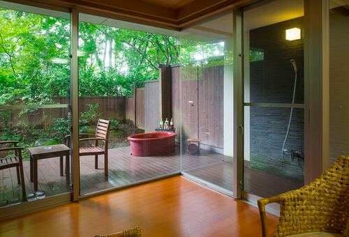 Japanese-style room with open-air bath. Enjoy the luxury of having an open-air bath in your room.