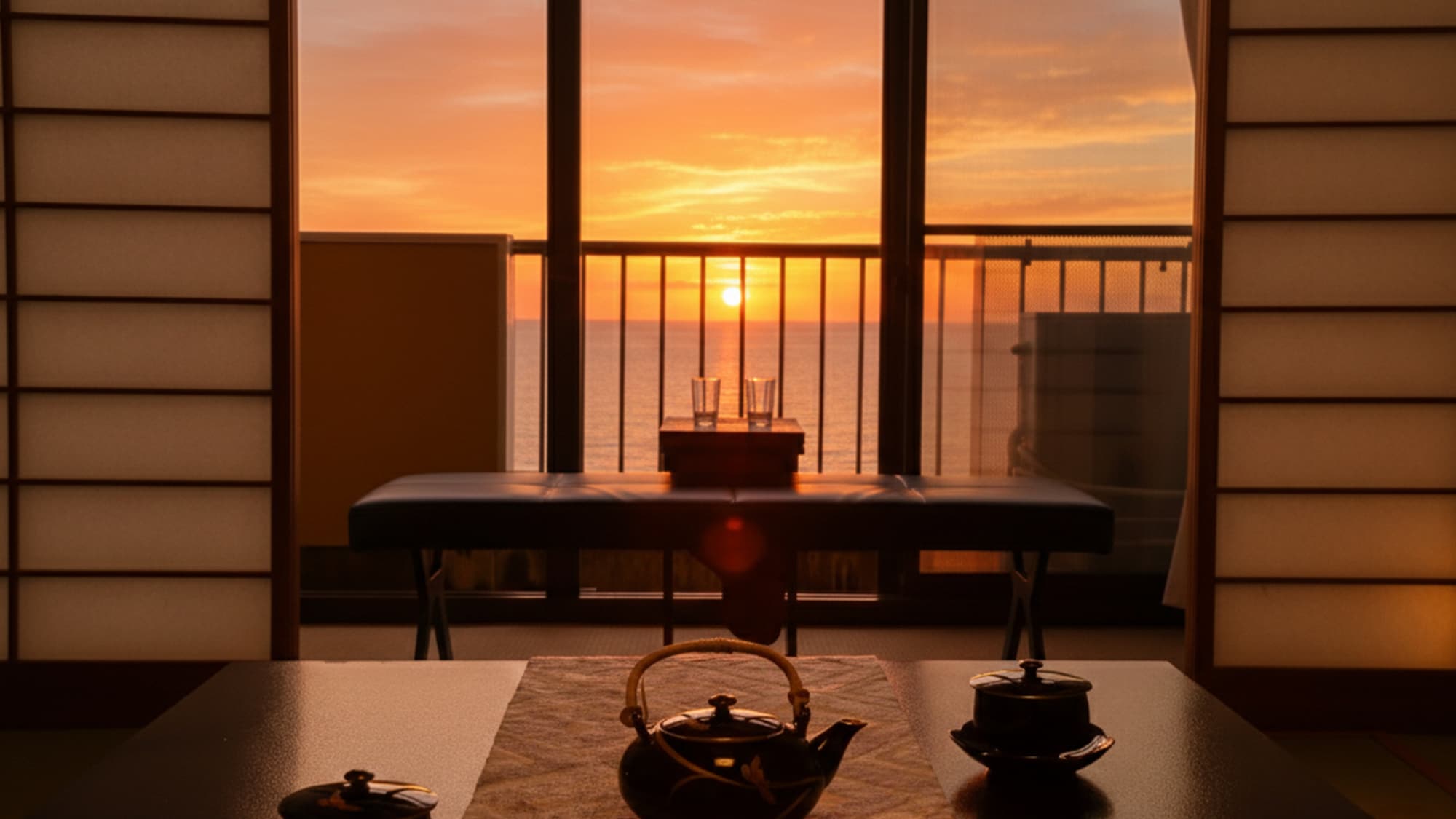 [Ocean-side guest rooms] <View of one of Japan's top 100 sunsets> The crimson sky and the Sea of Japan spread out before your eyes.