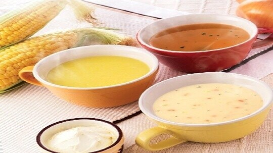 We have three types: corn soup, cream chowder, and beef consommé.