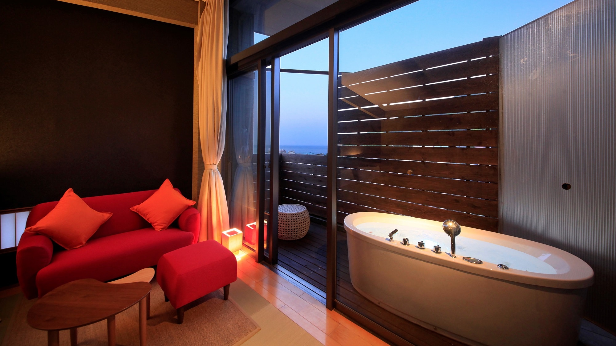 [Twin Japanese-style room with open-air bath on the top floor] (Example)