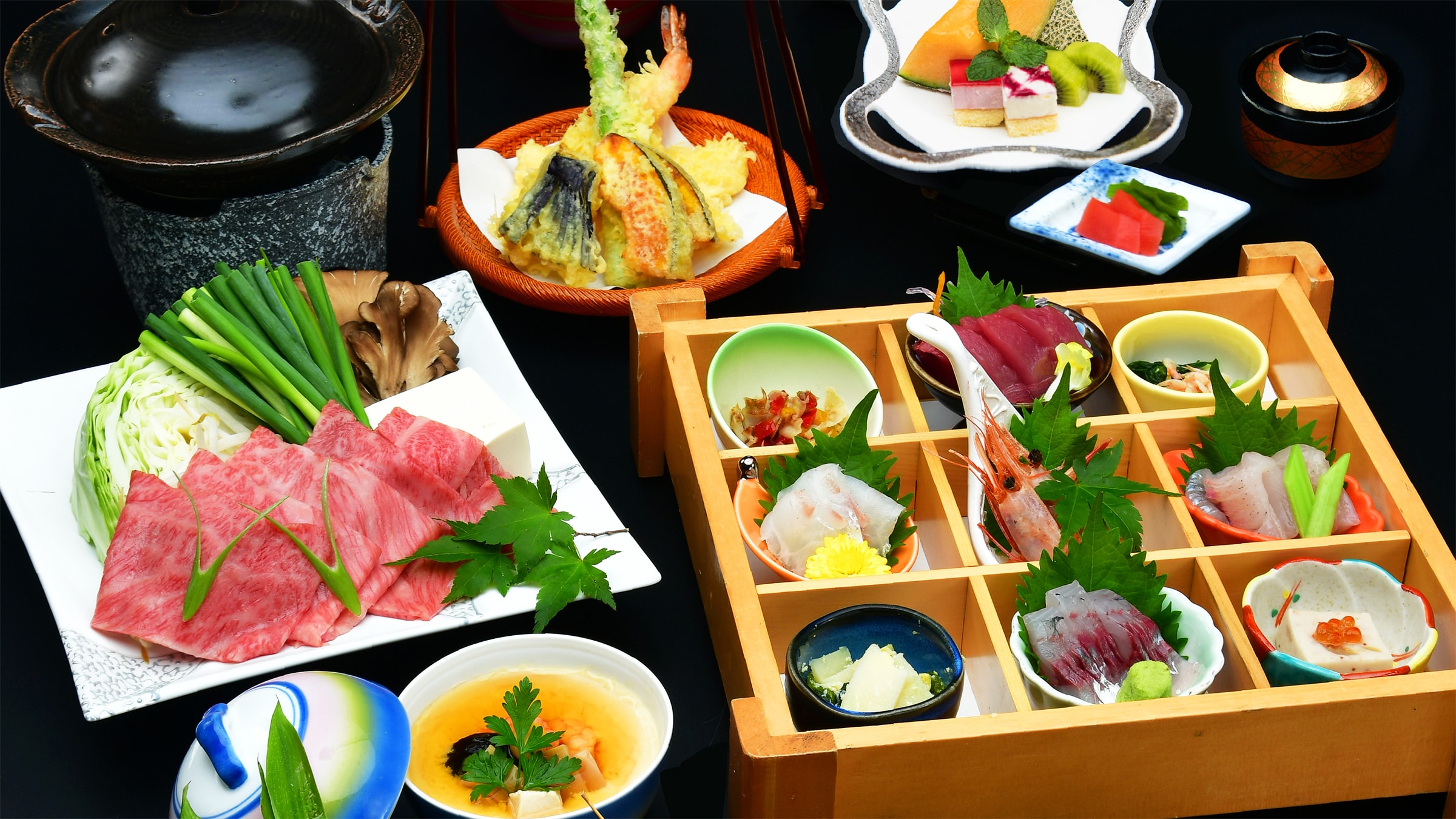 [Meals] Sushi kaiseki, Hida beef-flavored shabu-shabu, tempura, etc.