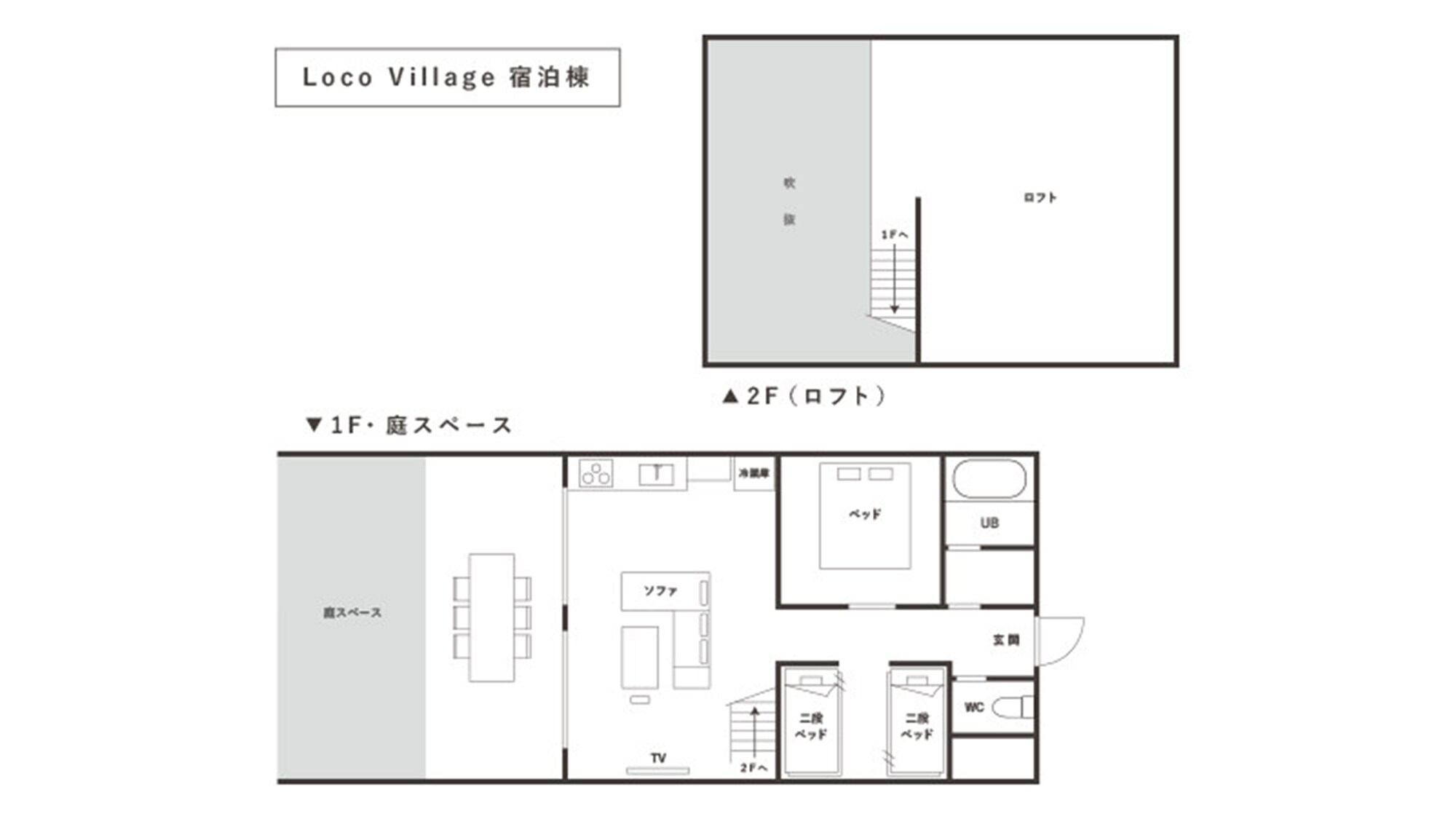 一樓為客廳/餐廳/廚房區及兩間臥室，二樓為閣樓房間。