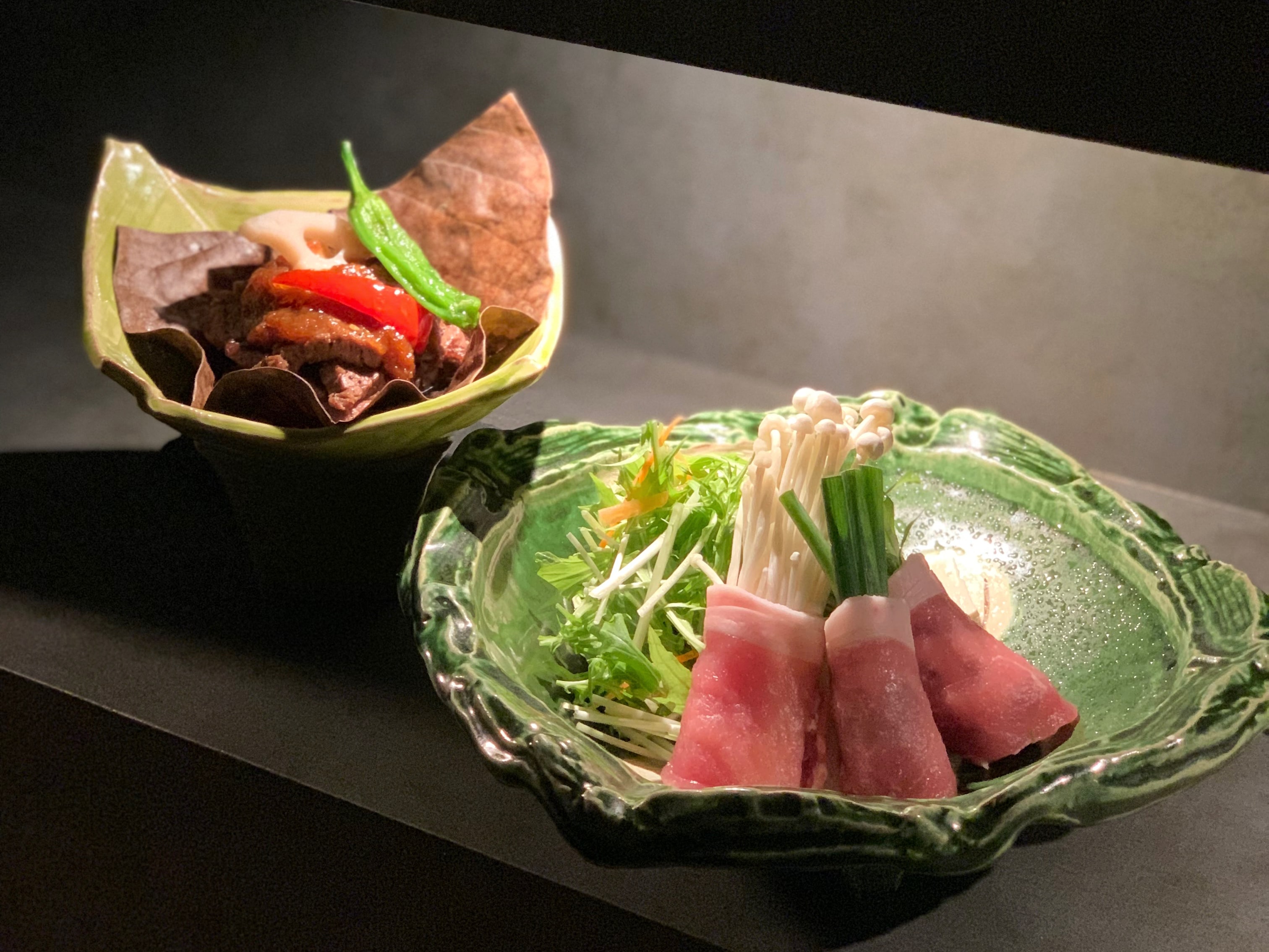 Shonai pork and Yamagata beef steak grilled with miso on a magnolia leaf