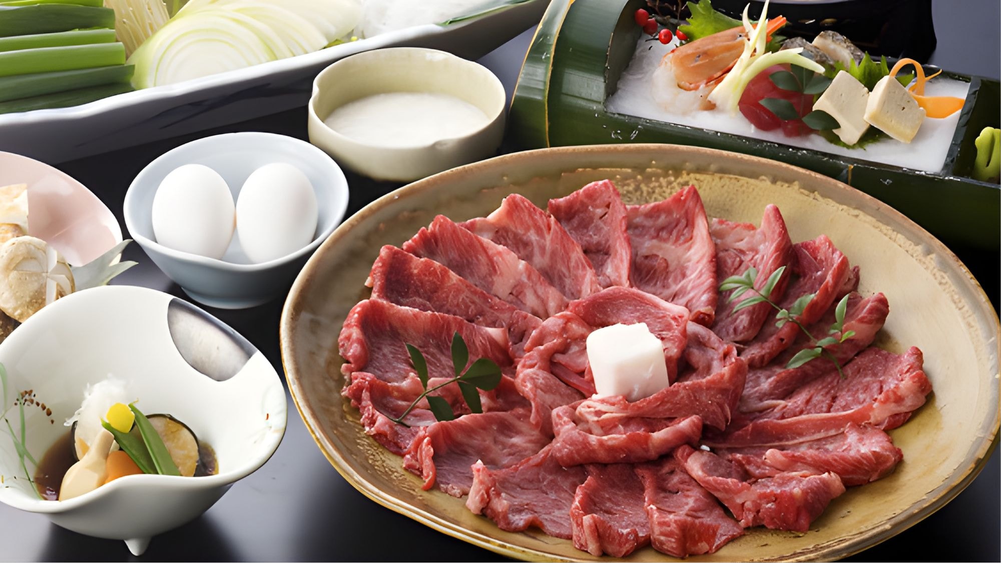 Enjoy Okayama Wagyu beef sukiyaki hotpot with our homemade warishita!