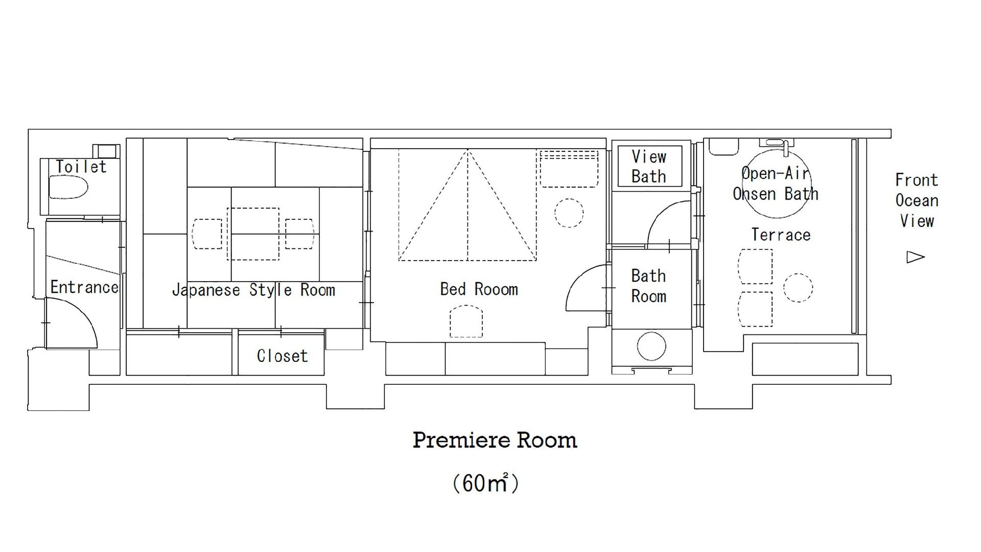 Premier room Japanese and Western room layout. An open-air hot spring bath is attached to the terrace overlooking the sea. View bath, bedroom, Japanese-style room with tatami mats.