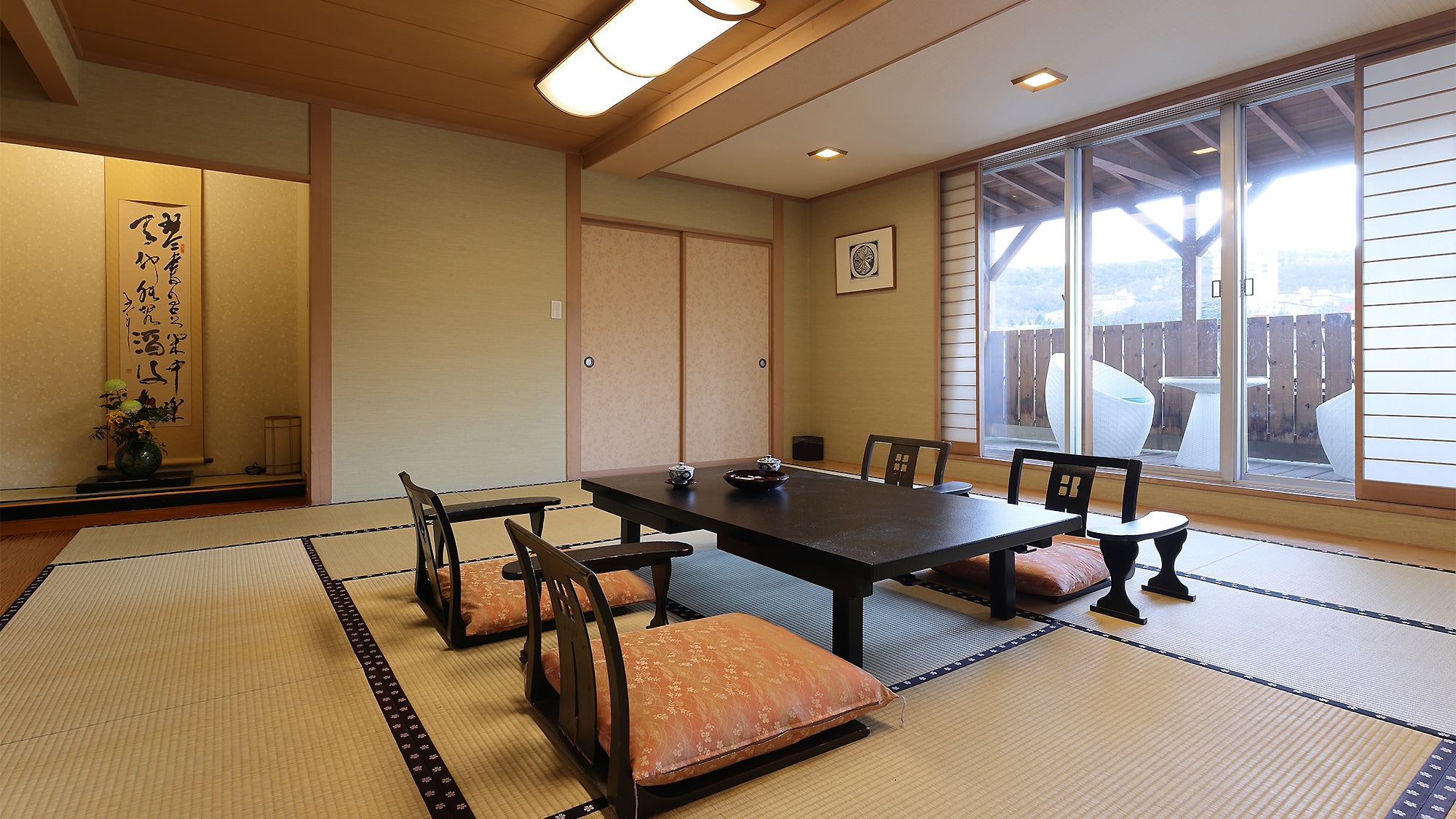 Japanese-style room with wooden deck and massage machine (premium)