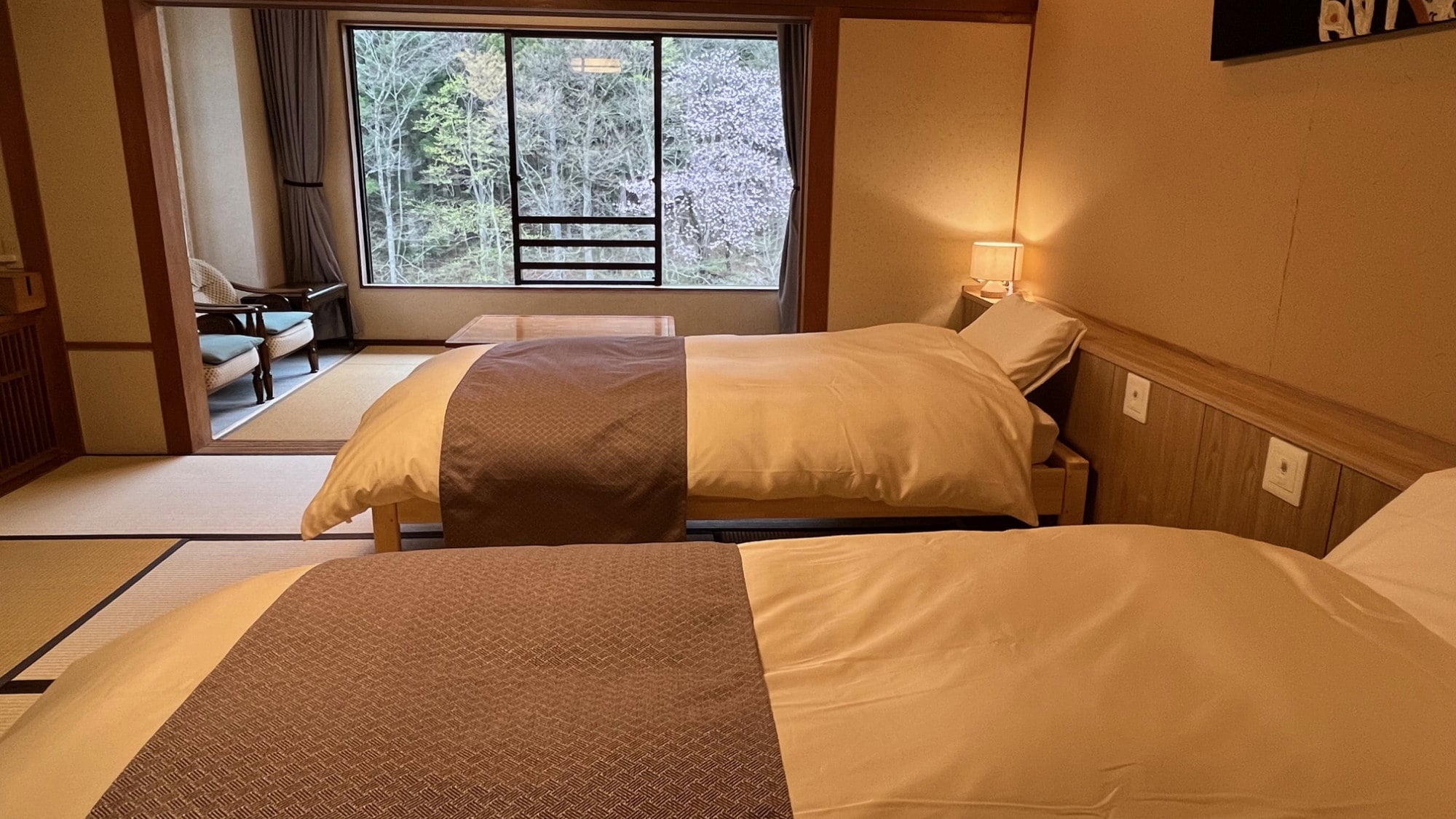 A Japanese-style twin room with 8 tatami mats and a sunken kotatsu table overlooking Mt. Tanigawa (example)