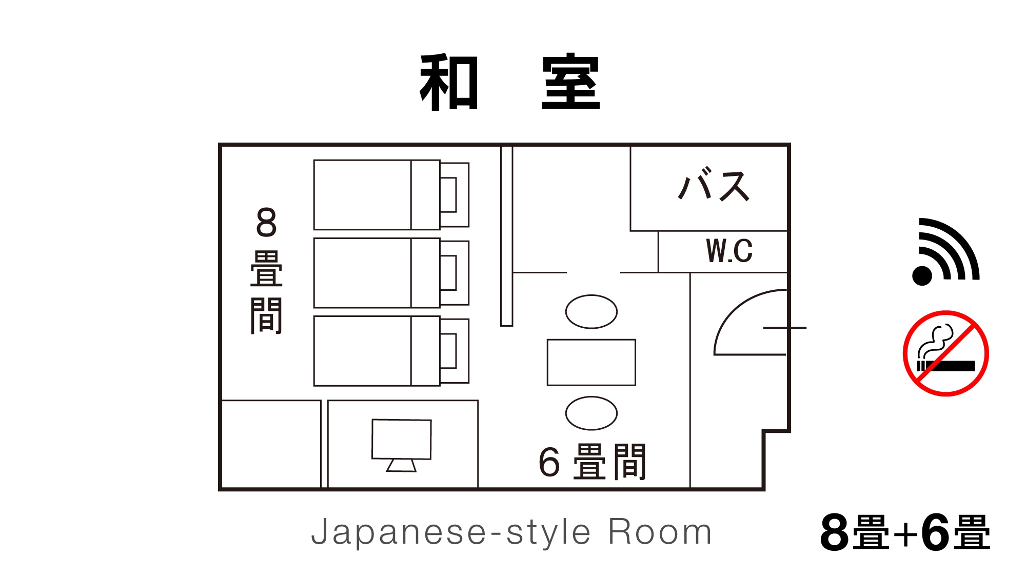 [Spacious Japanese-style room with two 6-tatami mat rooms and one 8-tatami mat room] Capacity: 5 adults / Corner room / West building