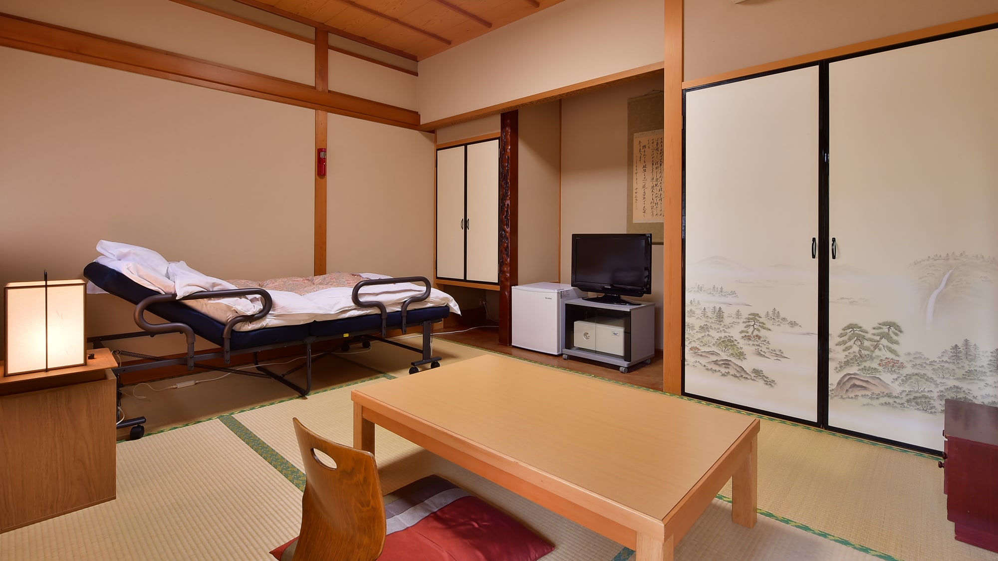 Simple beds are also available in the Japanese-style rooms.