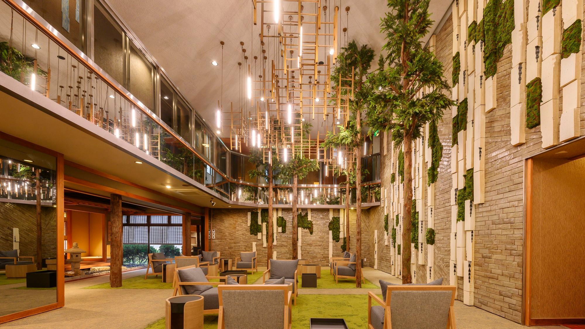 An open, atrium lobby lounge