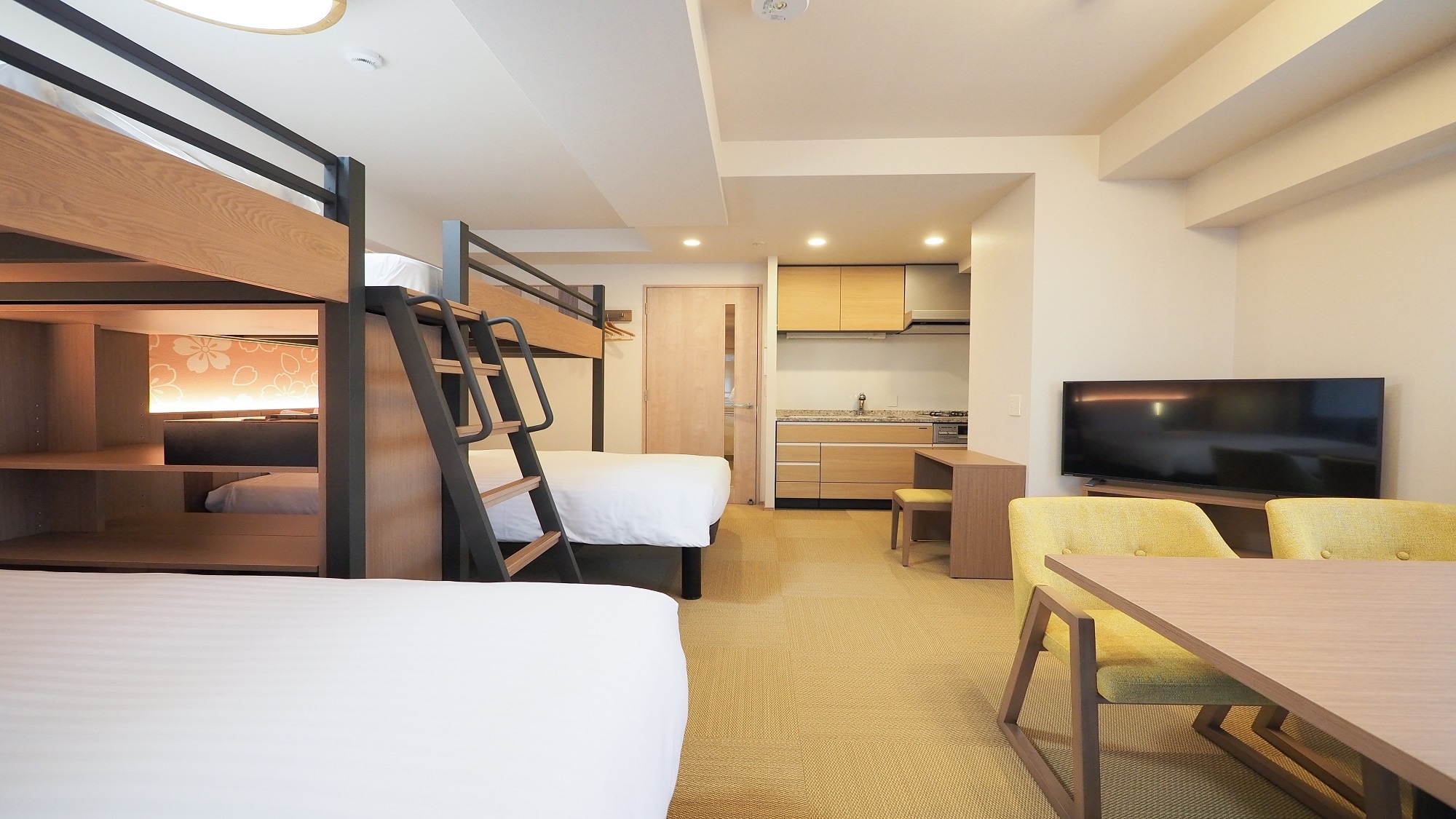 Twin & Loft Bed Family Room with Kitchen and Washing Machine