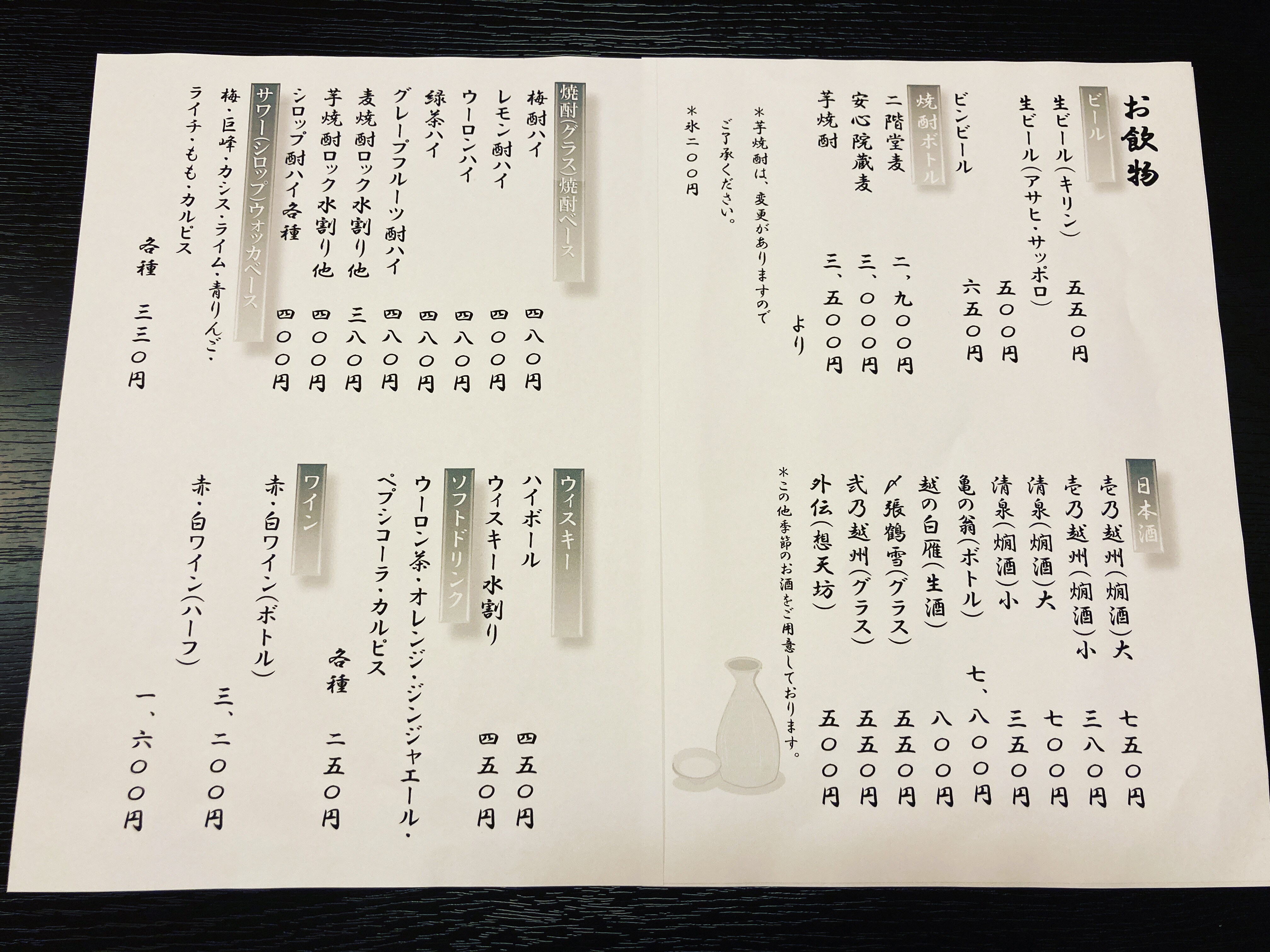 Hisanoya 的饮品菜单