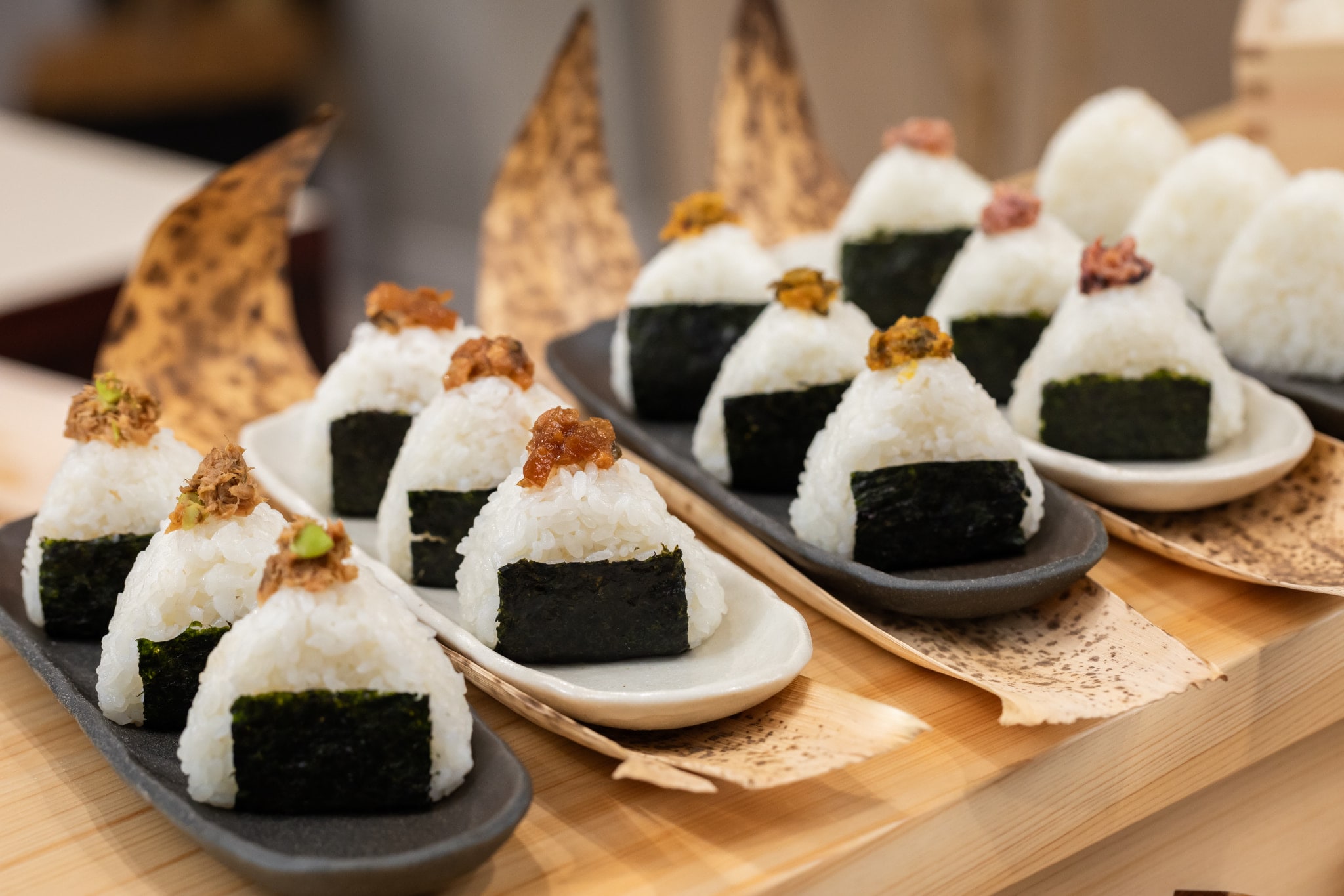 <Asakusa Onigiri> salmon x seaweed tsukudani x edamame, bettara-zuke x simmered conger eel, braised pork x shichimi, etc., changed daily