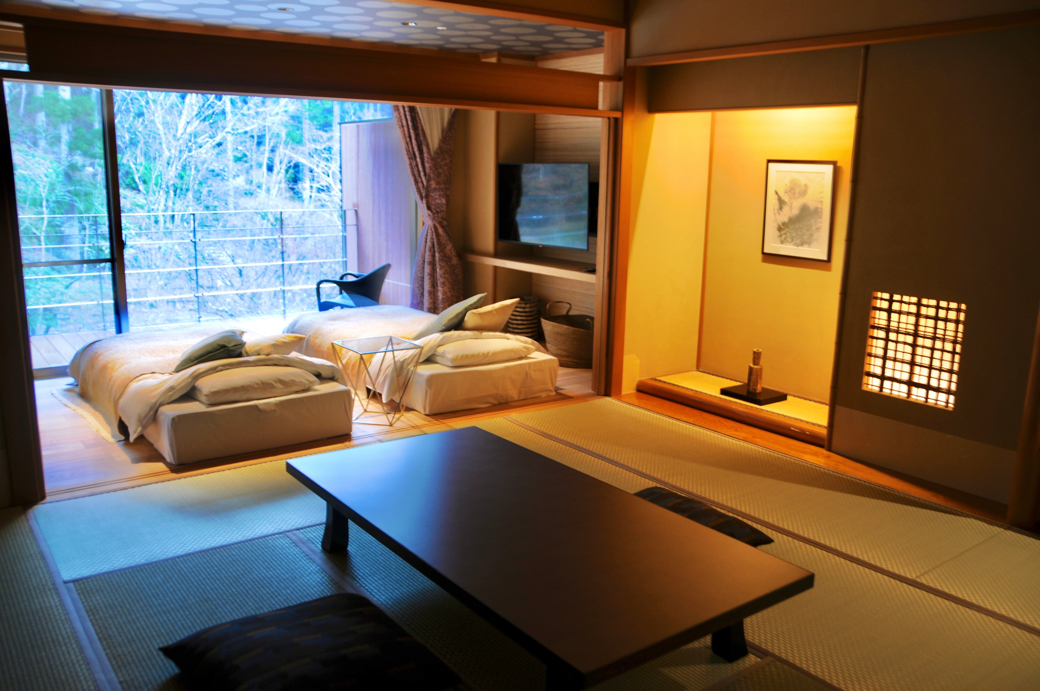 2022.1 January ☆ Celebration ☆ Upgraded room completed ♪ Semi-open-air bath hot spring & terrace + guest room with Japanese bed (night image)