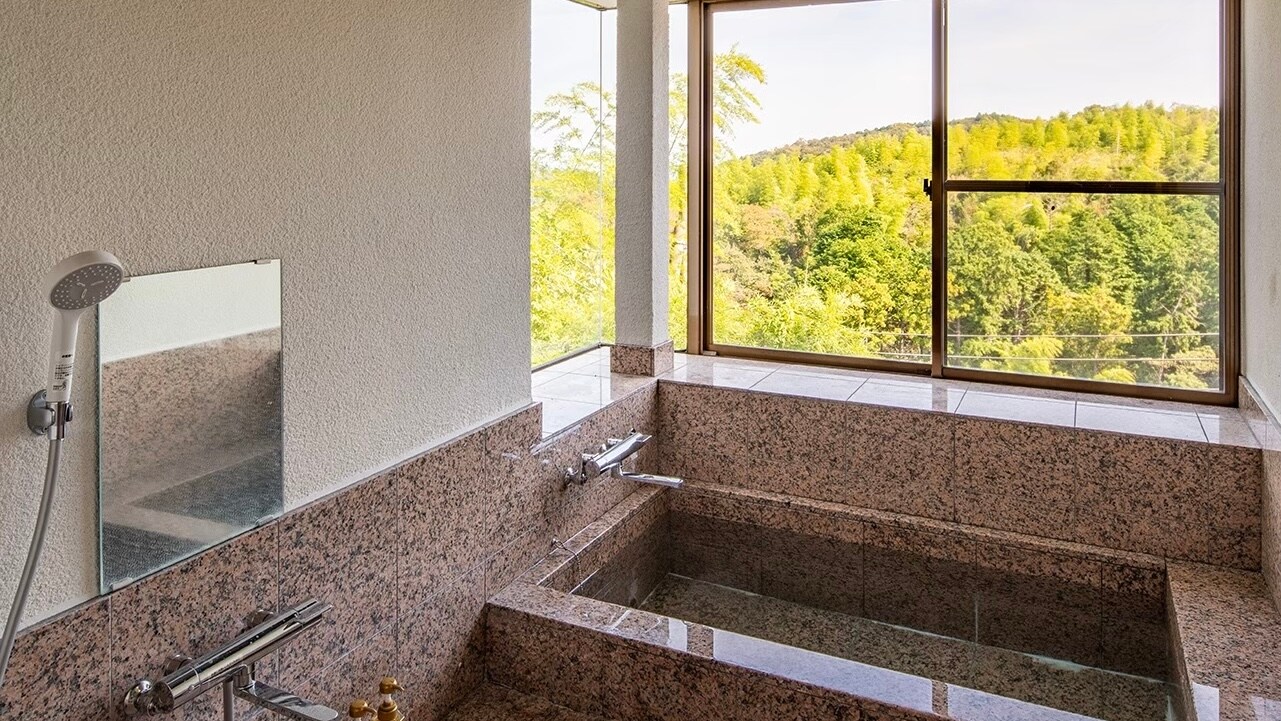 <Natural hot spring indoor bath> Enjoy the scenery surrounded by greenery.