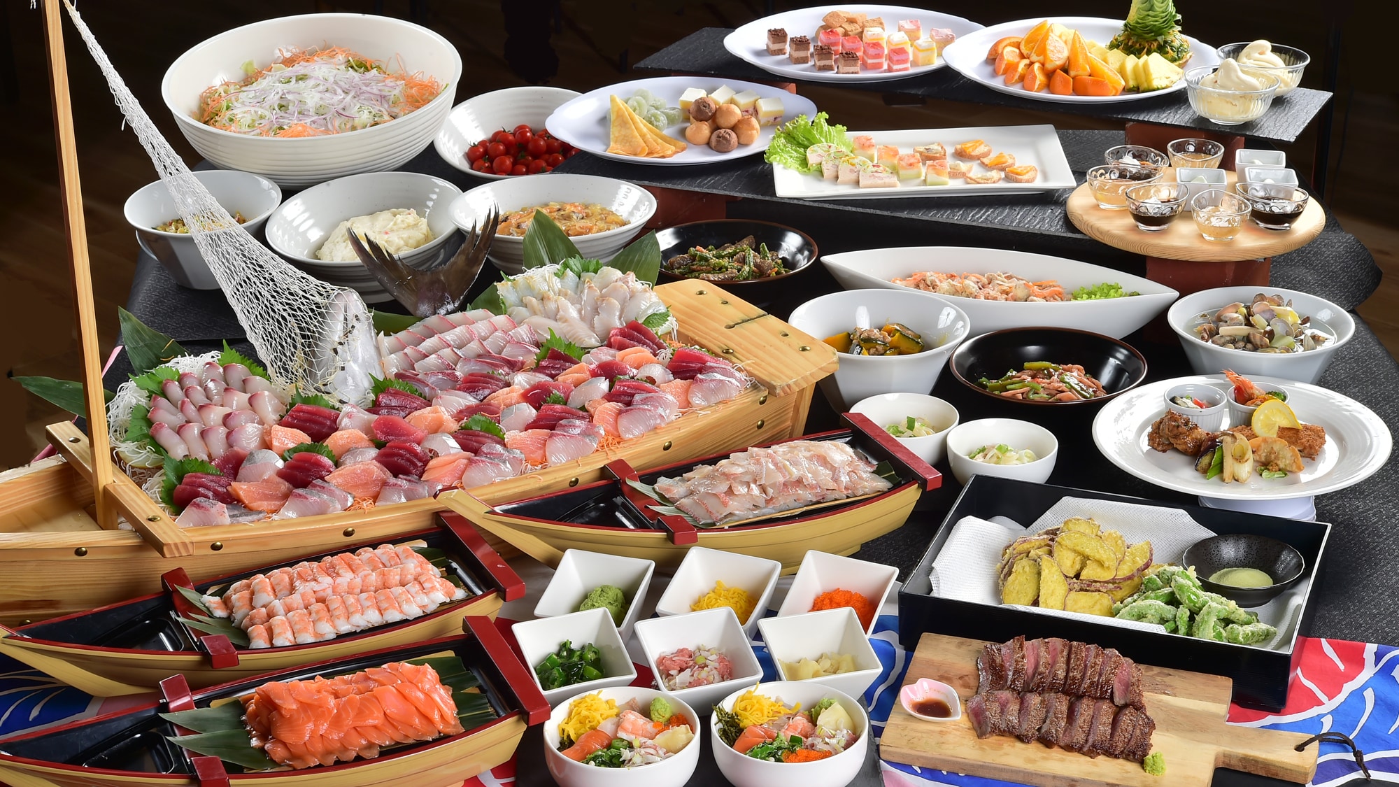 Dinner is a popular buffet with about 50 different dishes, including beef steak and seafood. *Image is for illustrative purposes only.