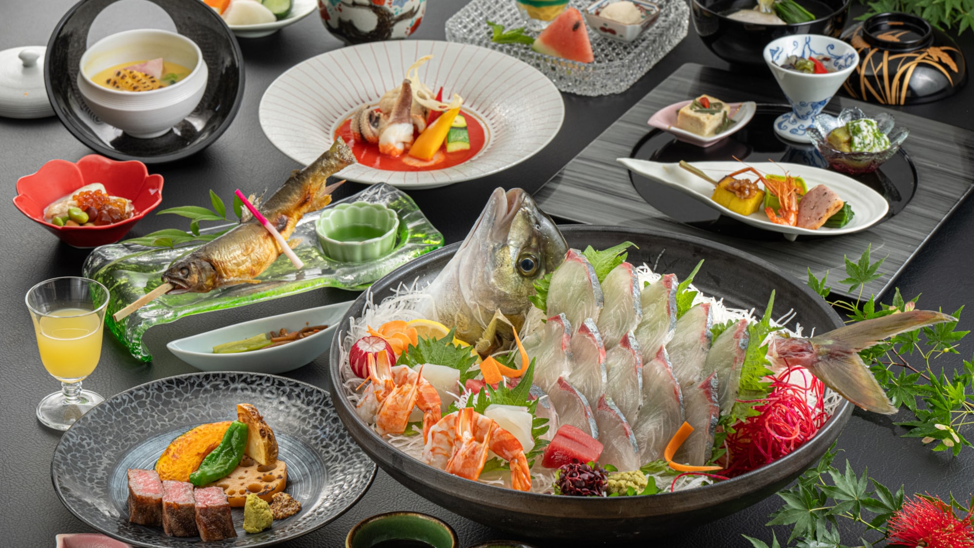[Dinner Upgrade - Yu Kaiseki 2026 - Summer Image] Includes whole striped jack mackerel sashimi, grilled sweetfish, Japanese Black beef steak, etc.