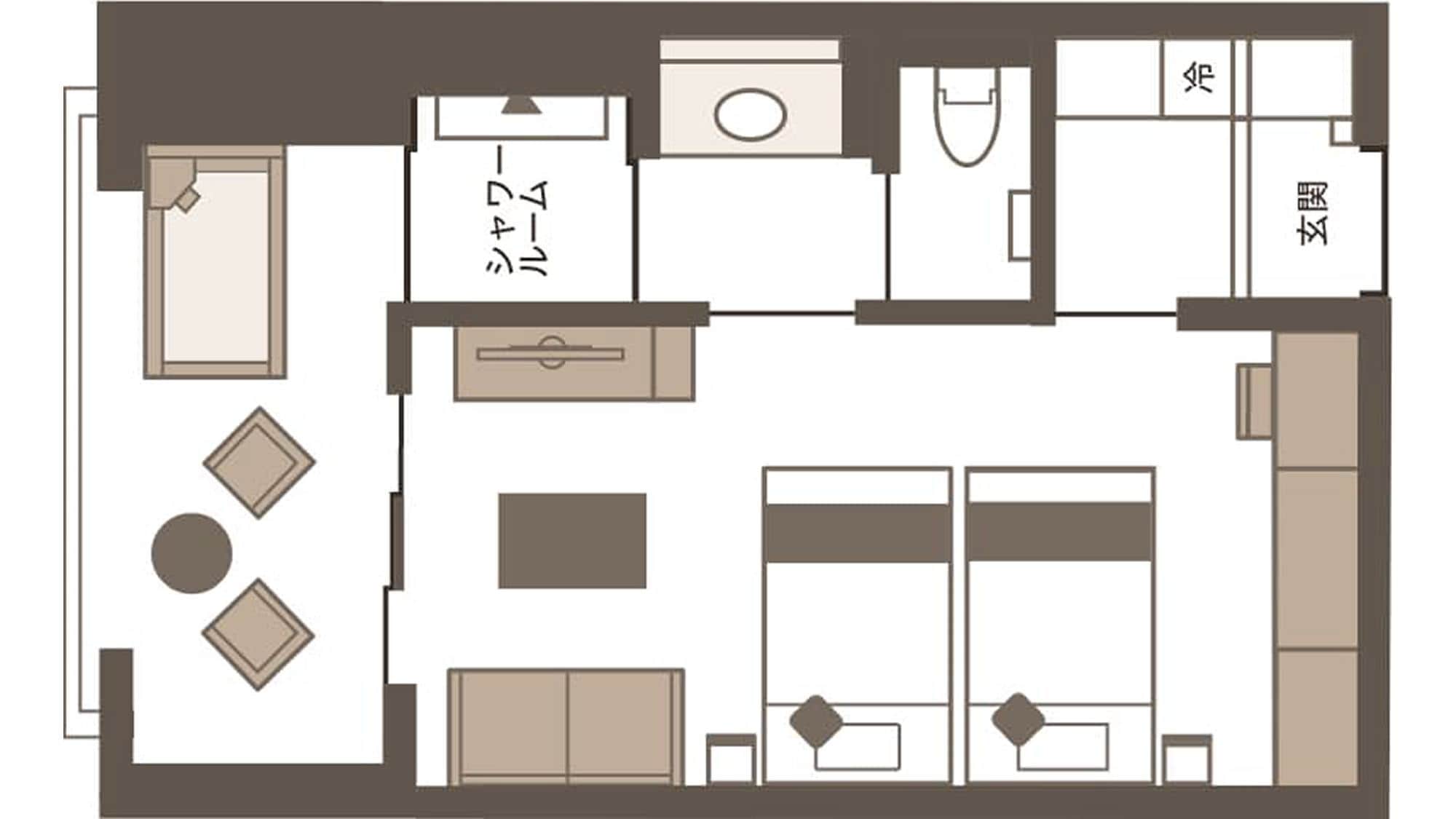 [Open-air bath + terrace included] Relaxing Western-style twin room "Nagomi" floor plan