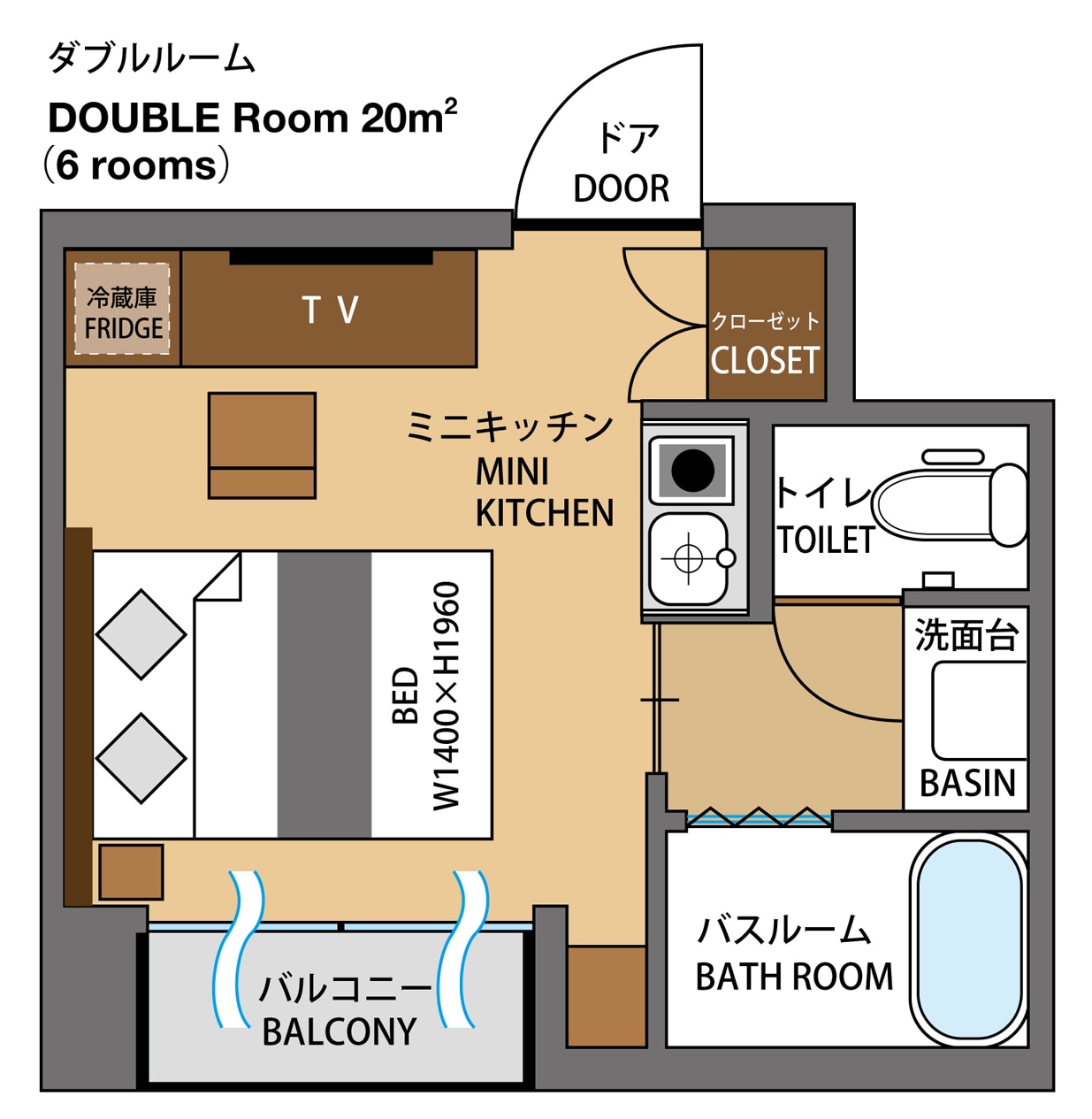 It is a floor plan of 20 square meters of double room ♪