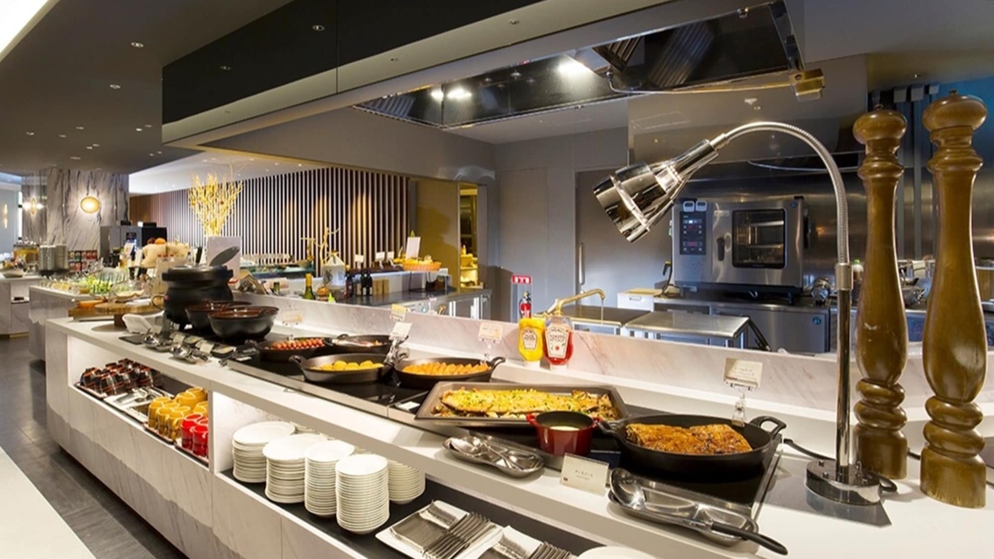 Breakfast buffet board at the 31st floor sky restaurant "Hareus"