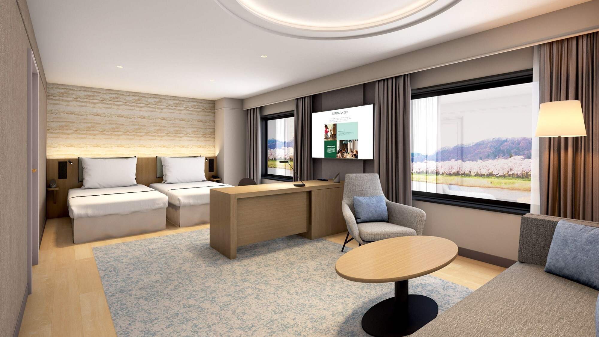 The suite is fitted with two 120cm wide beds, two extra beds and one sofa bed and can accommodate 1-5 people.