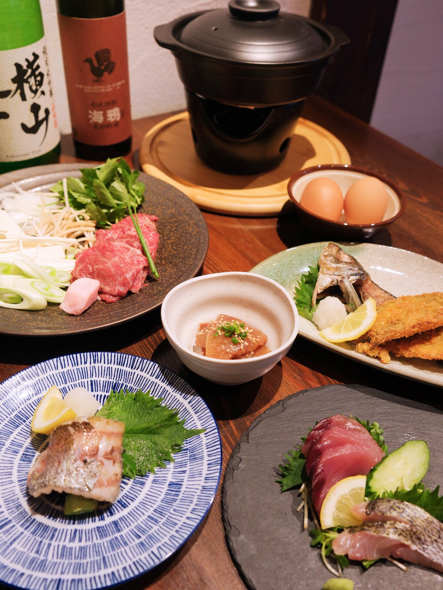 The sukiyaki course includes plenty of Iki fish!