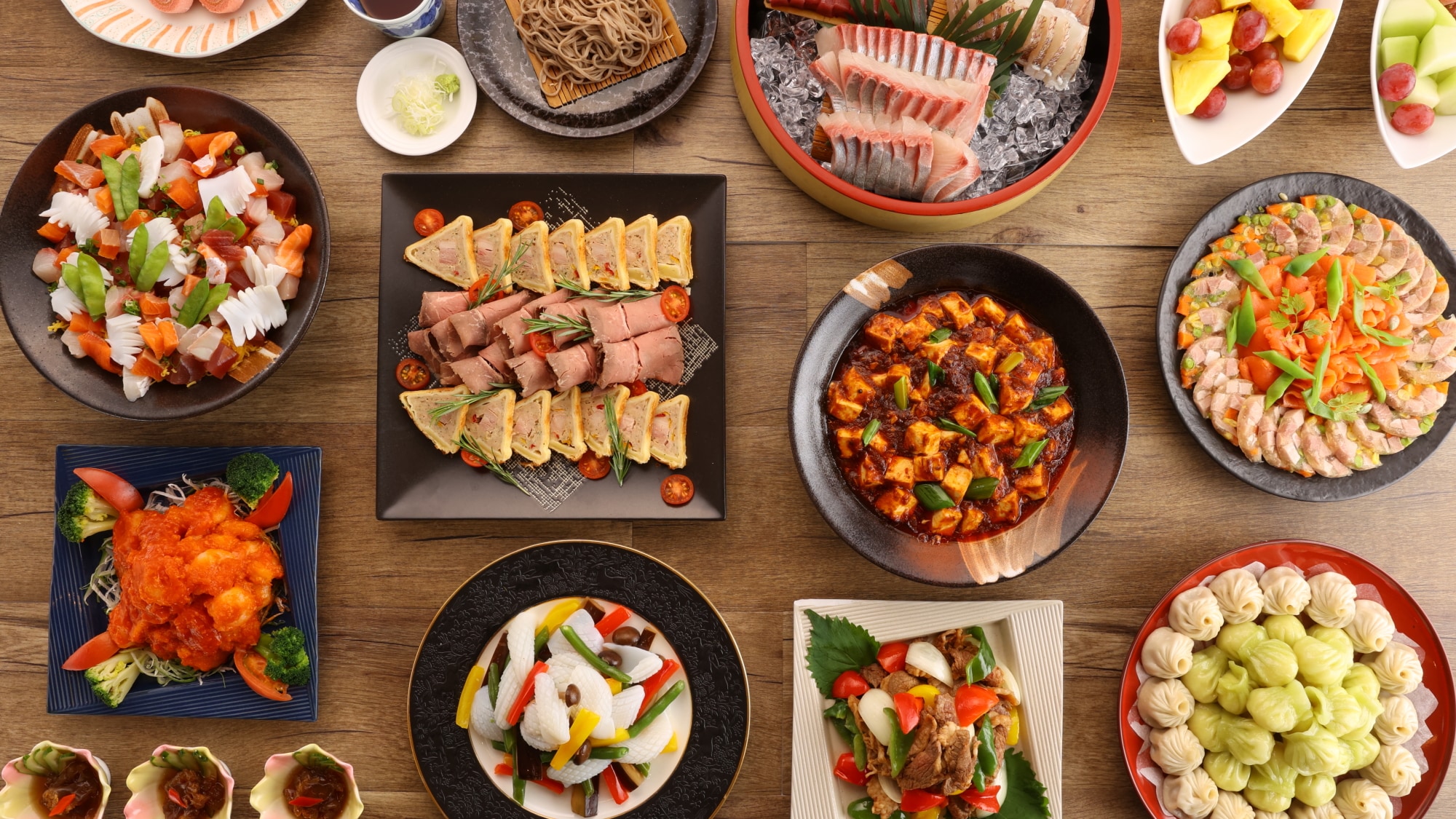 A colorful dinner buffet