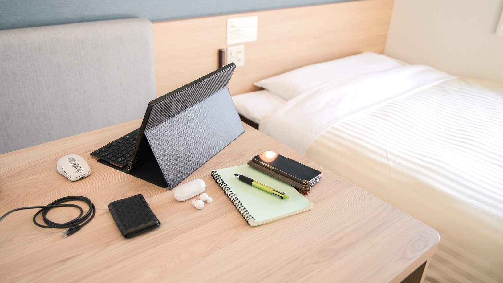 The wide desk and bench seat make it a comfortable space to work.