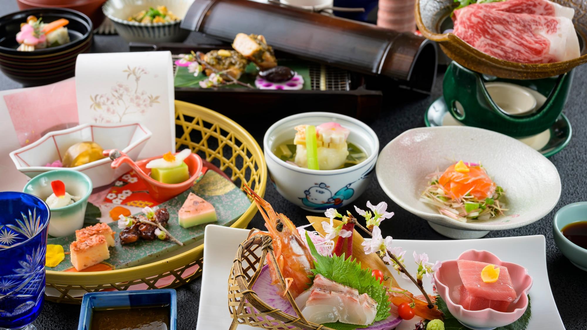 Spring Joshu Taste Kaiseki. A gorgeous array of dishes are lined up. *Containers may change.