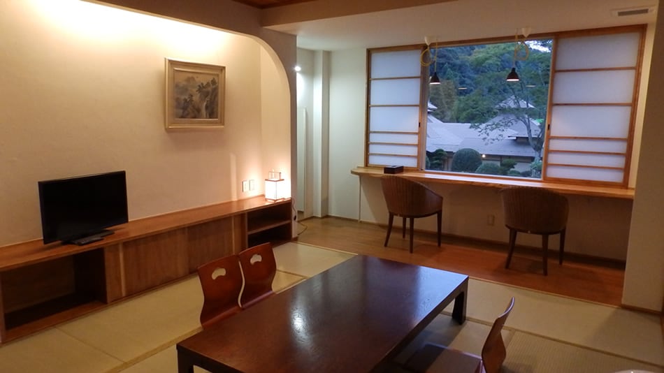 A modern room popular with couples and girls' parties - with a view of the Japanese garden from the window