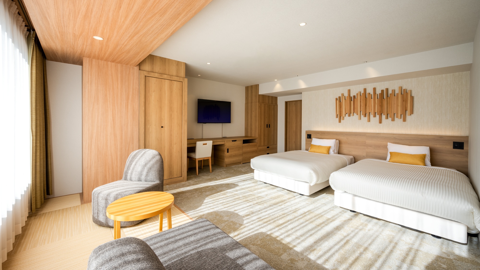 【山澗天然雙床房/禁煙】日西合璧式房間，約41平方米，可容納3人，2張小雙人床
