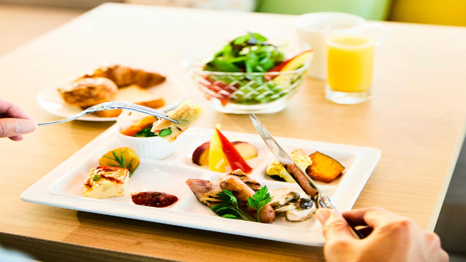Freshly baked bread and delicious vegetables for breakfast