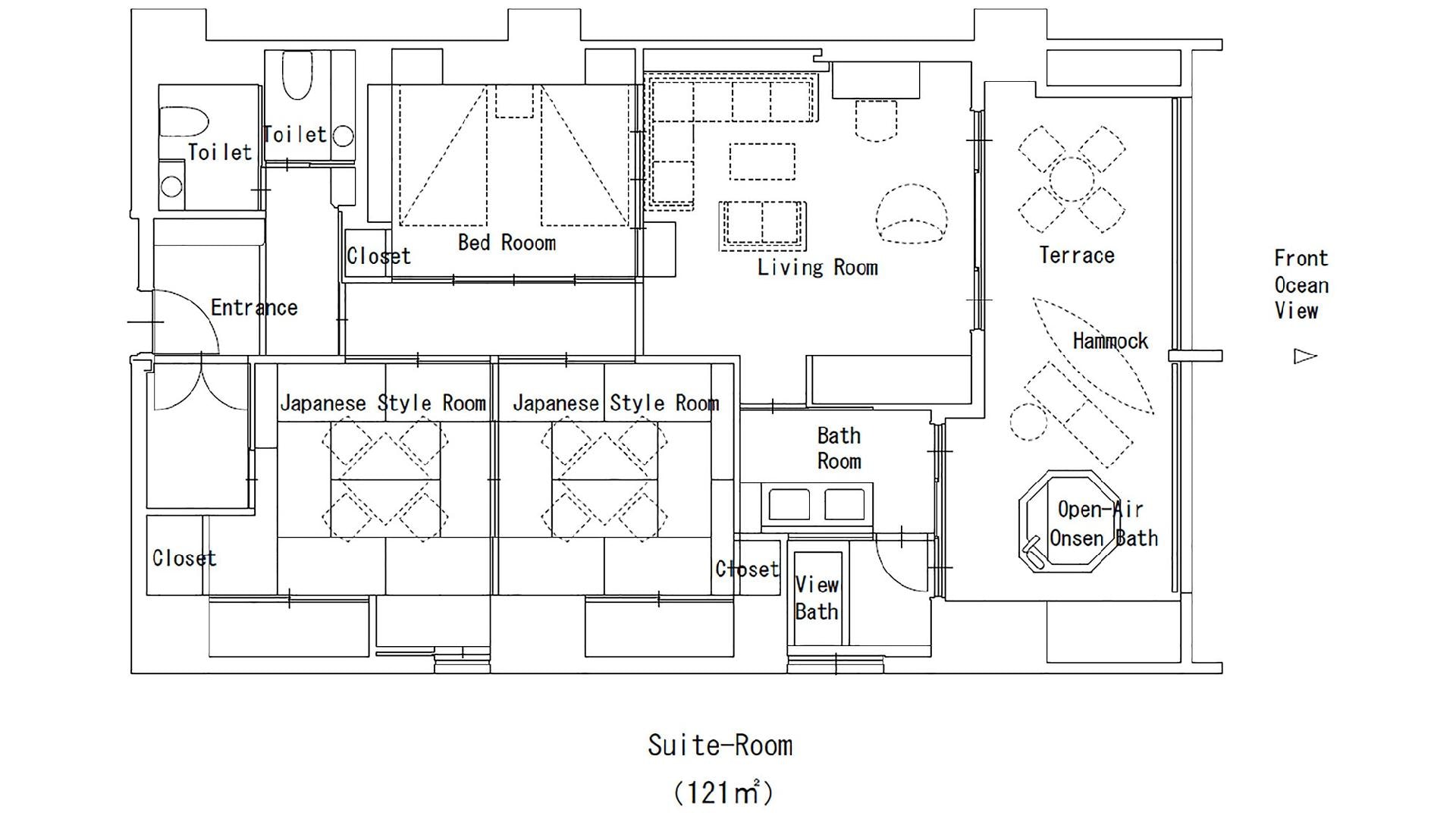 Suite layout. An open-air hot spring bath and a hammock are attached to the terrace overlooking the sea. Living room hanging chair is very popular