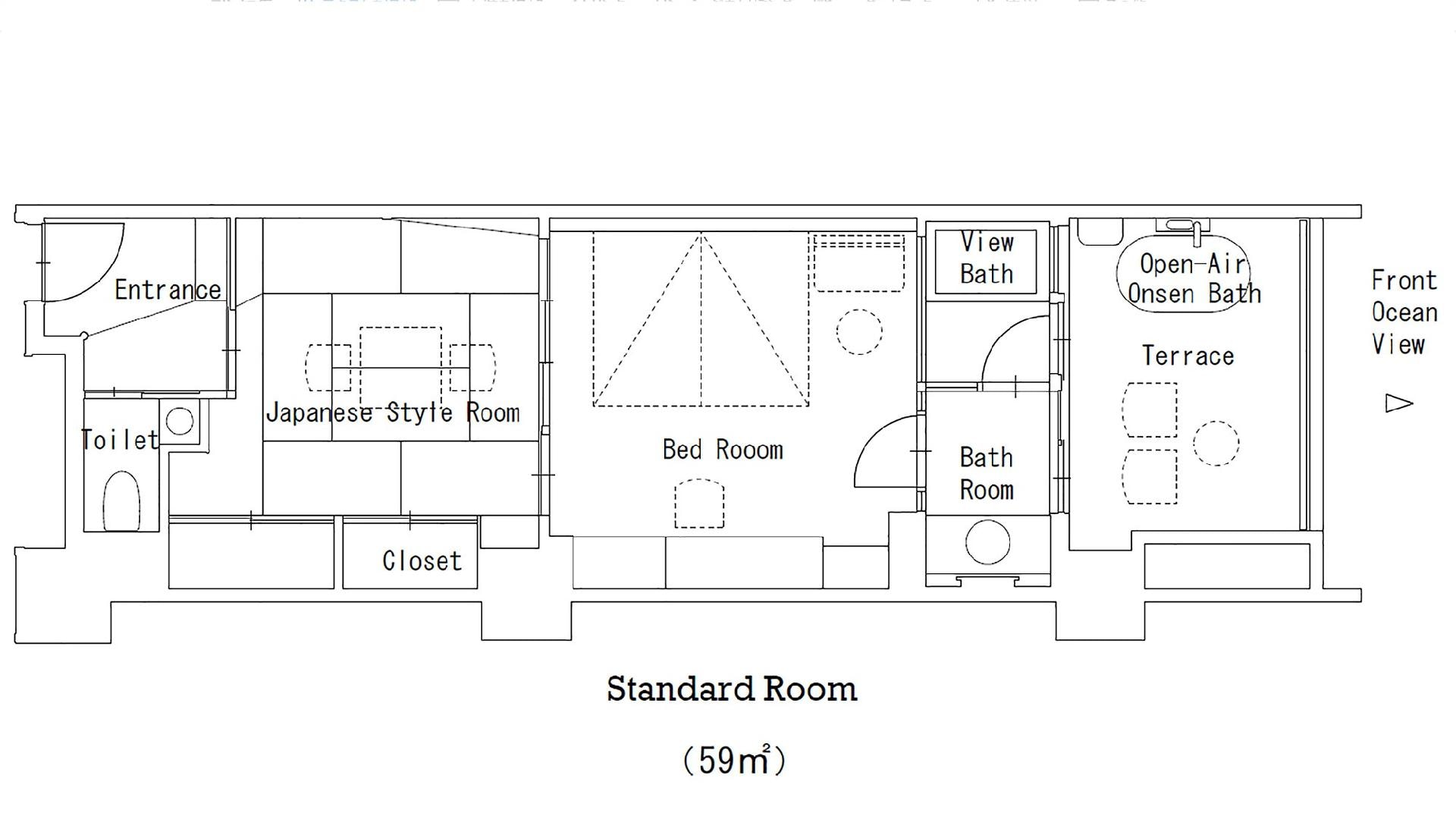 Standard room Japanese and Western room layout. An open-air hot spring bath is attached to the terrace overlooking the sea. View bath, bedroom, Japanese-style room with tatami mats.