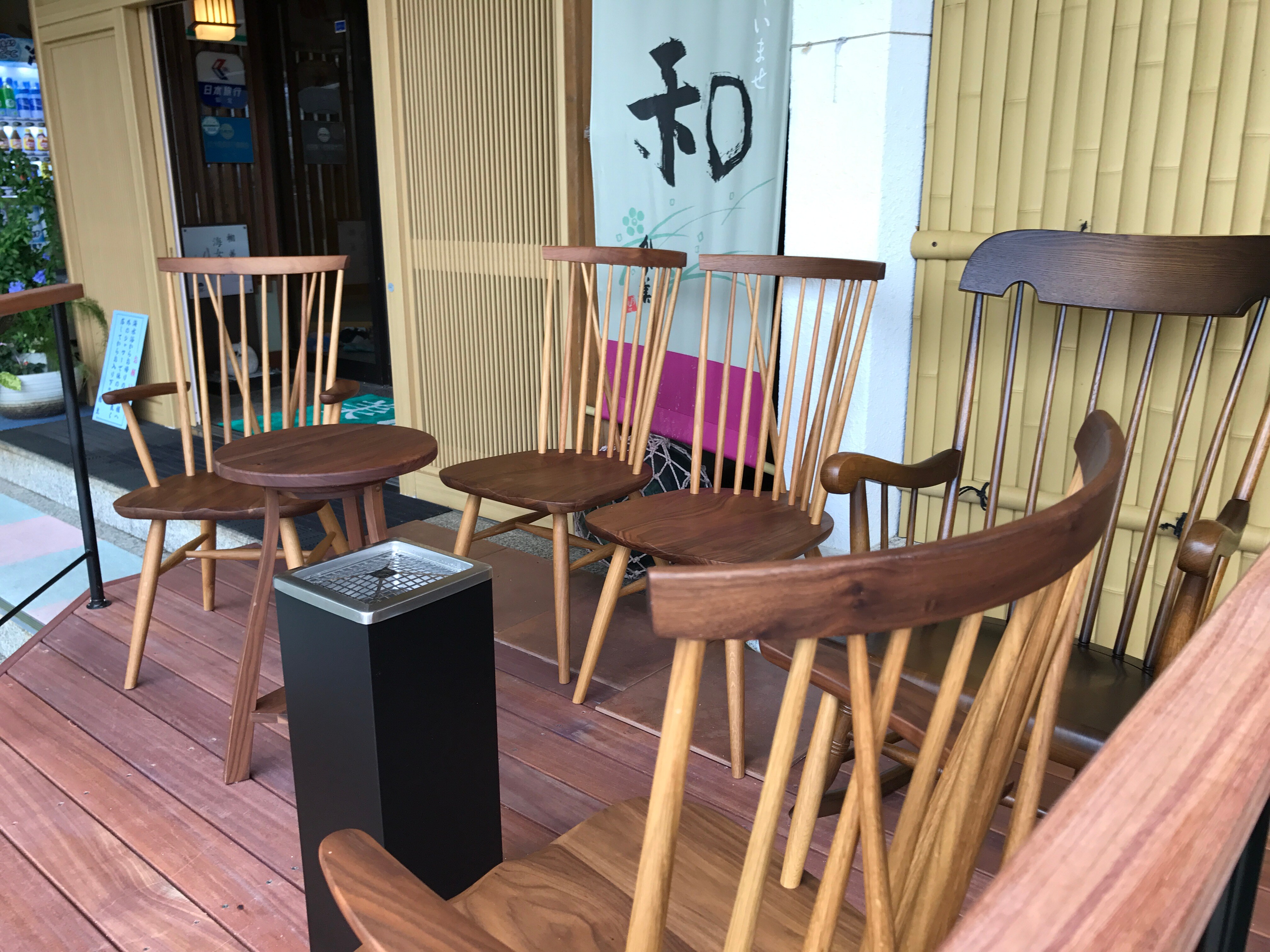 Wooden deck in front of the entrance