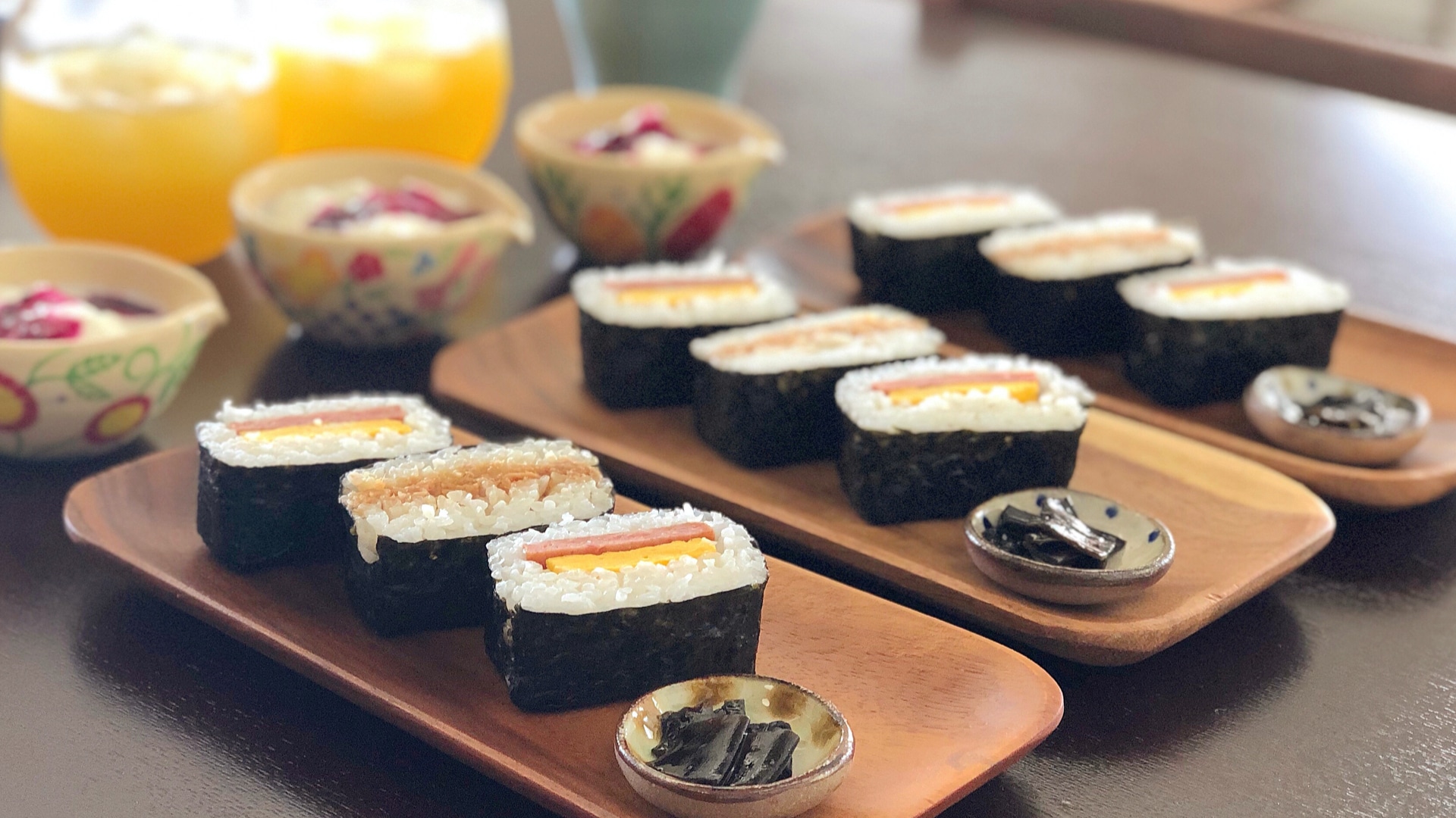 Room service breakfast (pork tamago onigiri)
