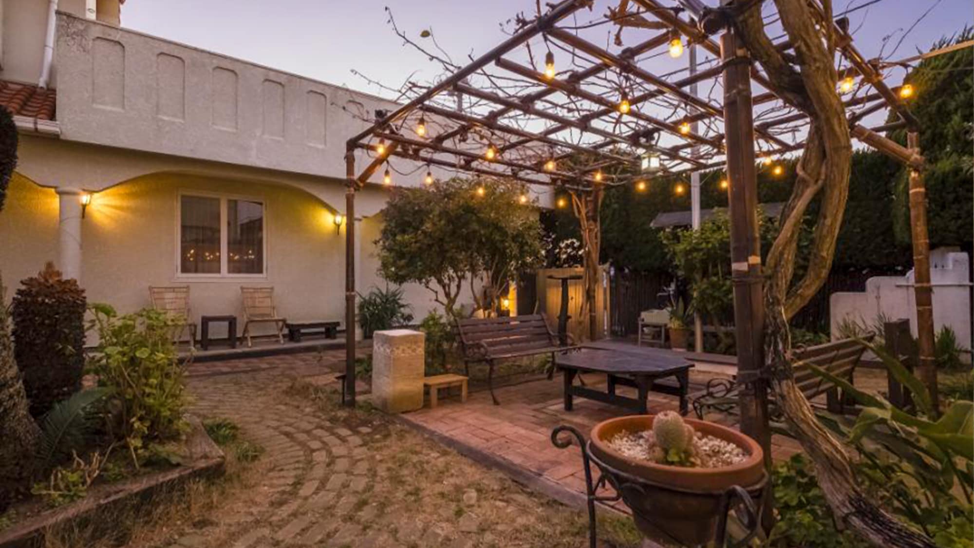 [Patio] A tropical resort-style courtyard where dogs can play