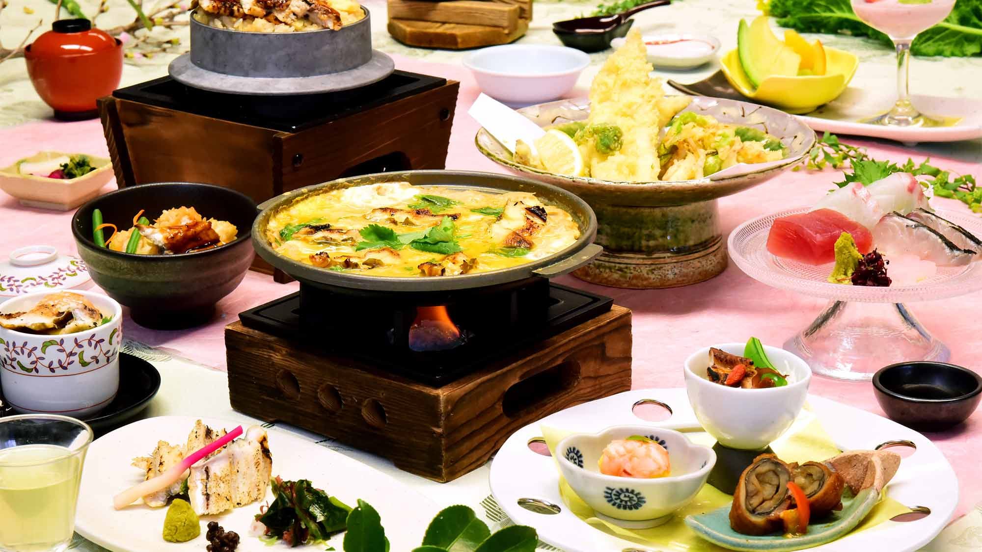 An eel feast course featuring the thick, meaty Banshu specialty "conger eel" elegantly served with colorful local vegetables.