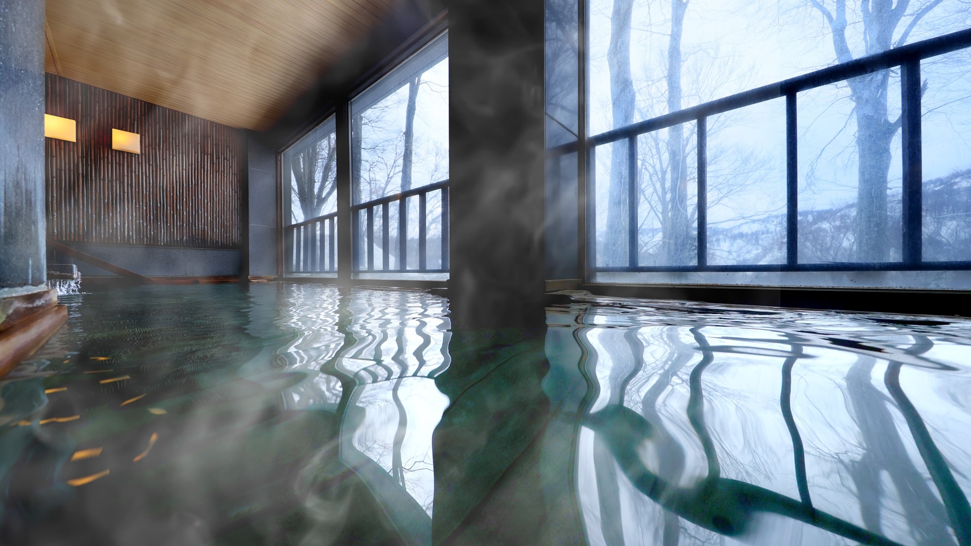 [Onsen] While watching the winter scenery of beech forests covered with snow.