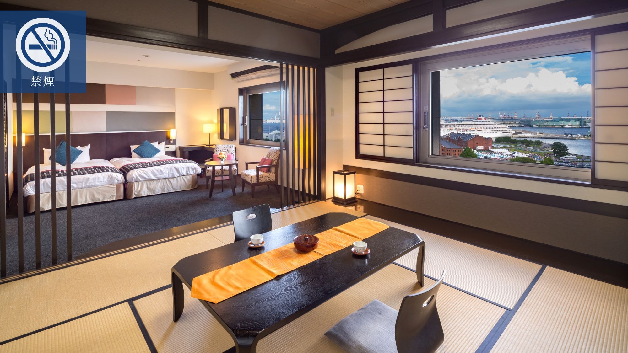 【베이 브릿지 스위트:금연】세미 더블 침대×2대 + 일본식 객실(독립 버스)