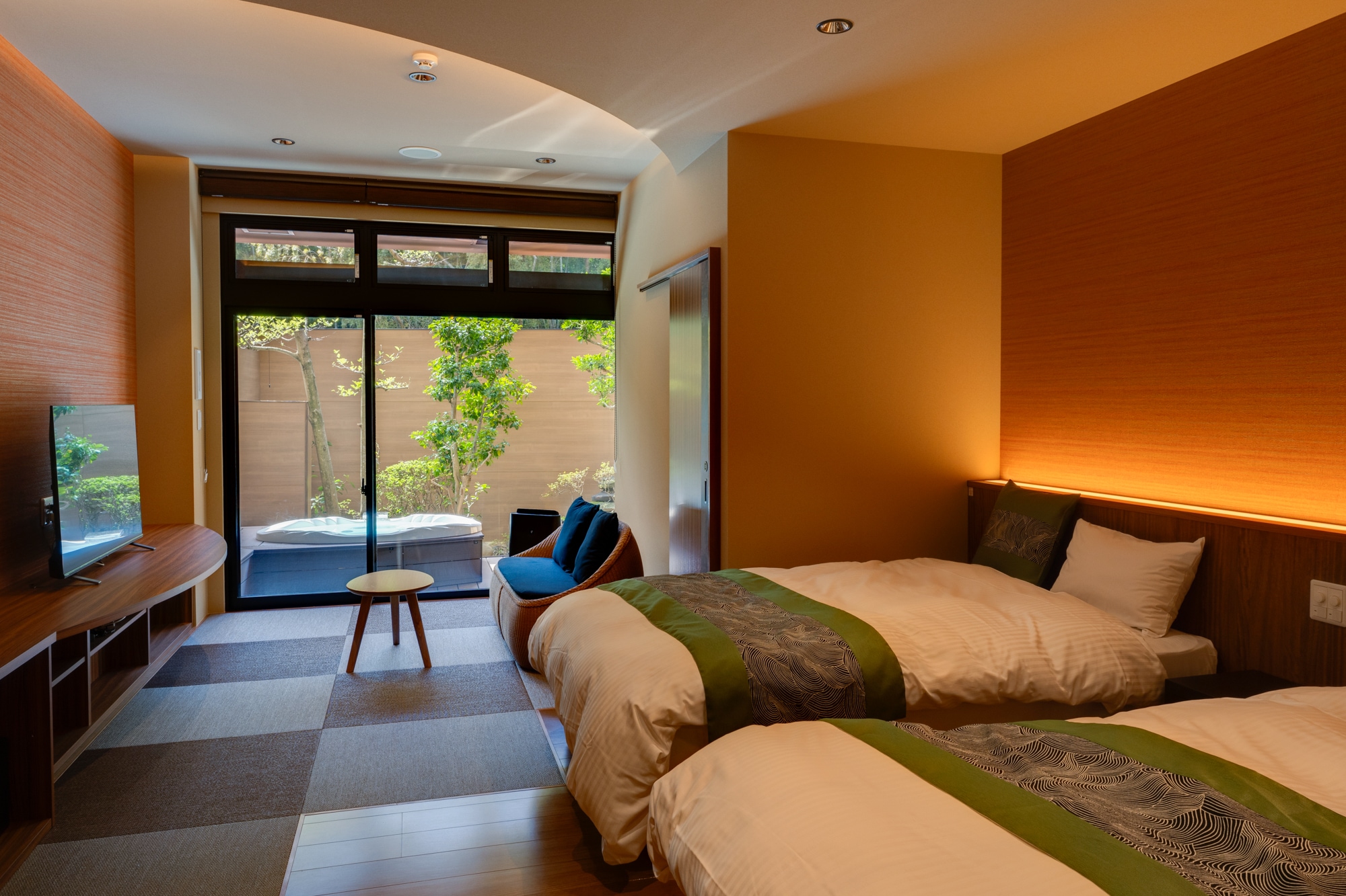 A modern Japanese-Western style room with an open-air bath, renovated in March 2024.