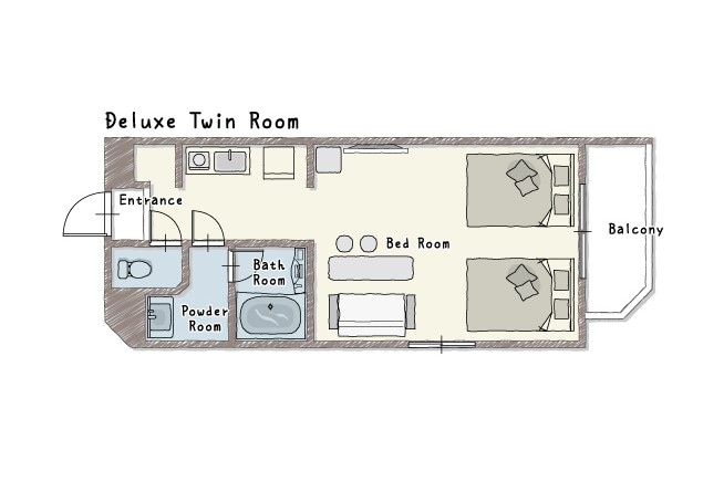It is a floor plan of a deluxe twin room