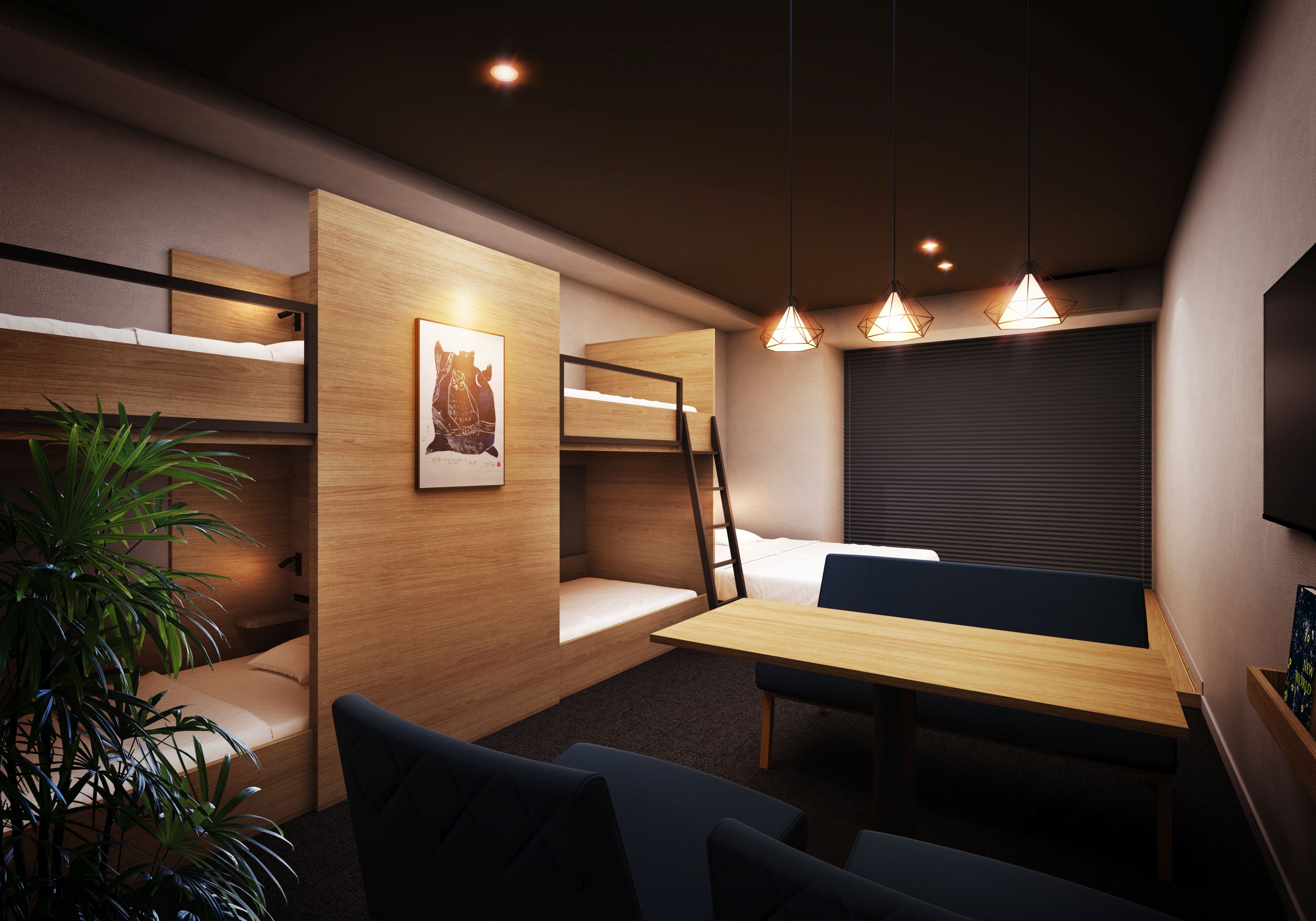 Designed by a 17-room design office. Deluxe room with double bed and deluxe double bed on loft bed