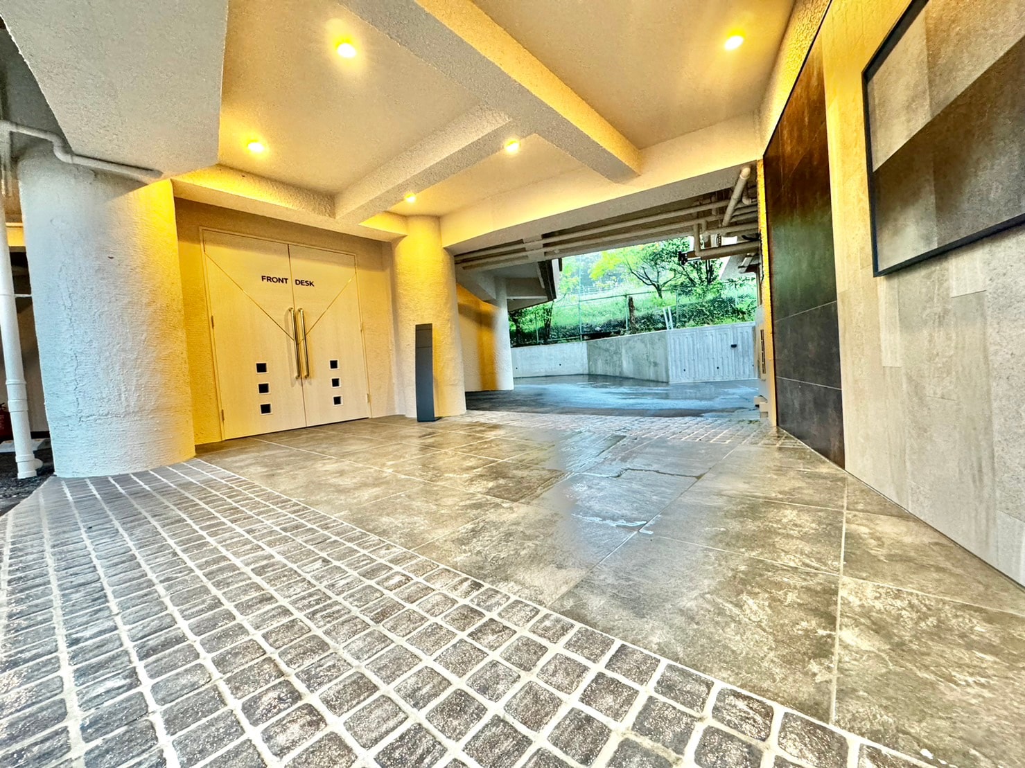 In front of the front desk