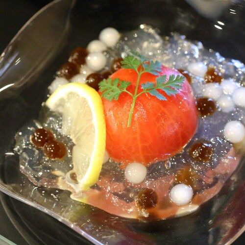 (Early summer) Dessert: Tomatoes stewed in wine, black tapioca
