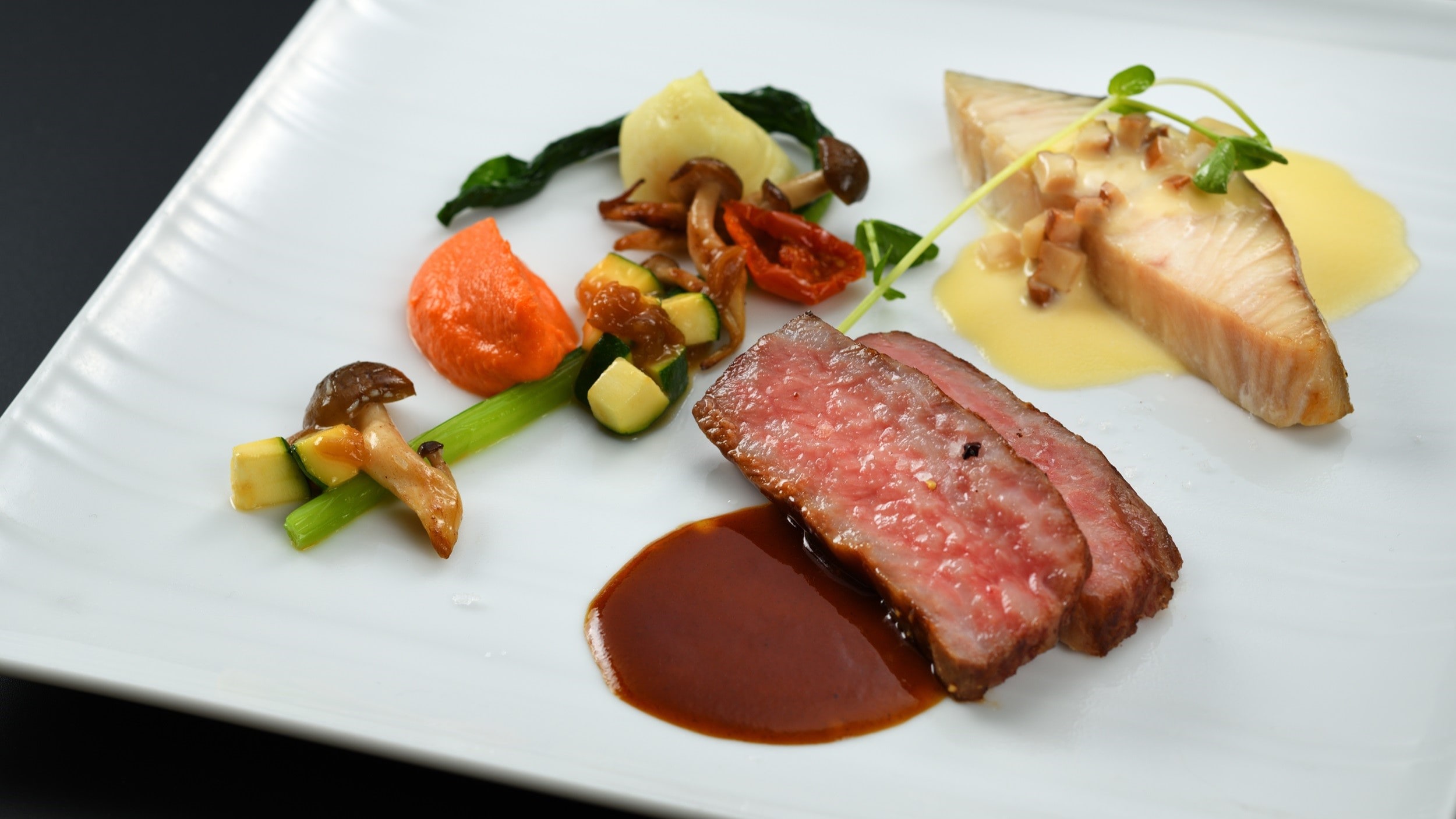 2026 Prince Dinner "Panache of domestic beef and fish, Fukaura carrot jus de boeuf and smoked daikon radish butter sauce"