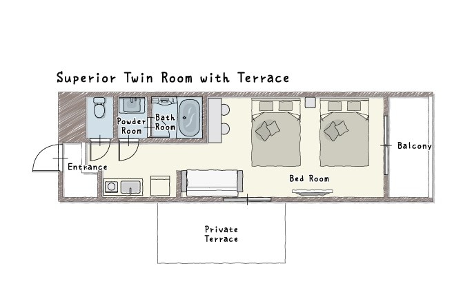 It is a floor plan of a room with a terrace exclusively for superior twins.