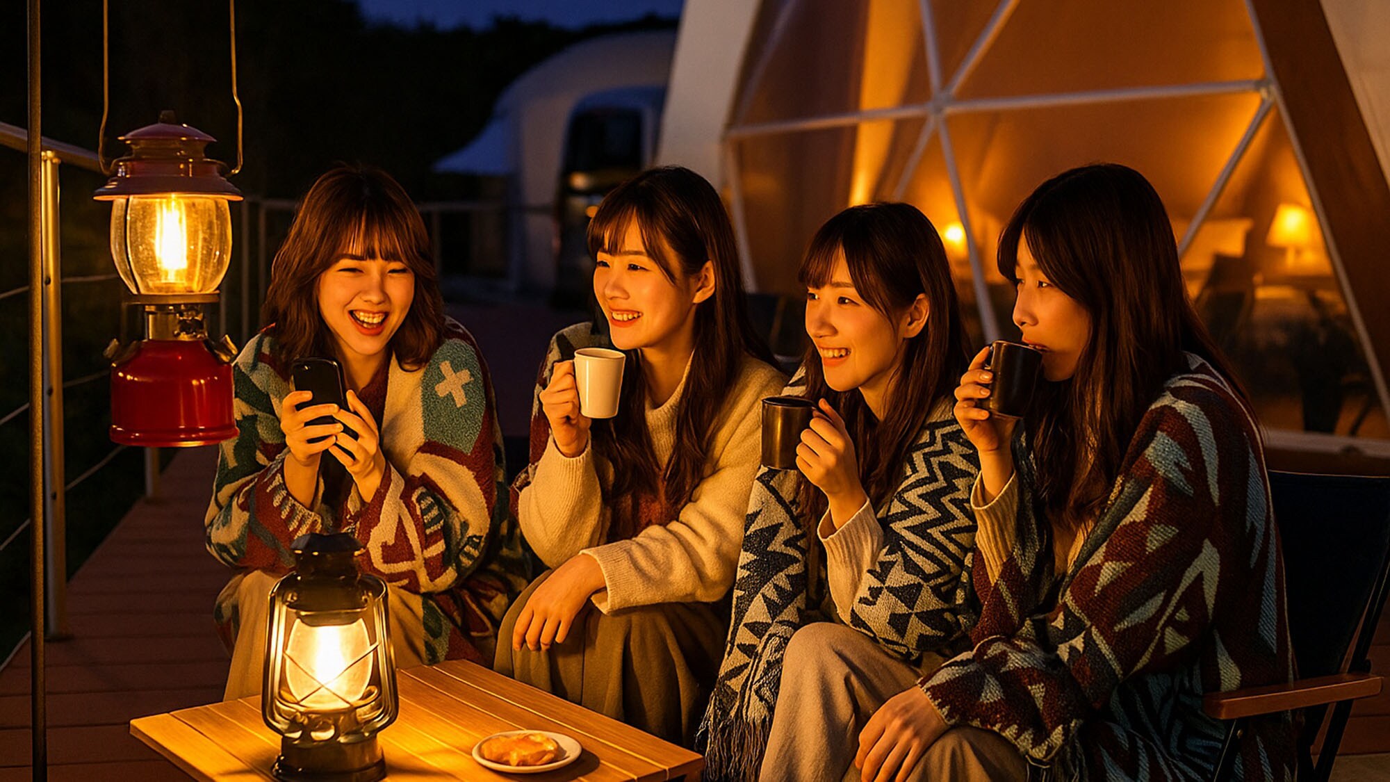 ・[Hình ảnh tụ tập của các cô gái] Nghỉ ngơi trên sàn gỗ. Giữa làn gió đêm mát rượi, những câu chuyện của các cô gái lại rôm rả.