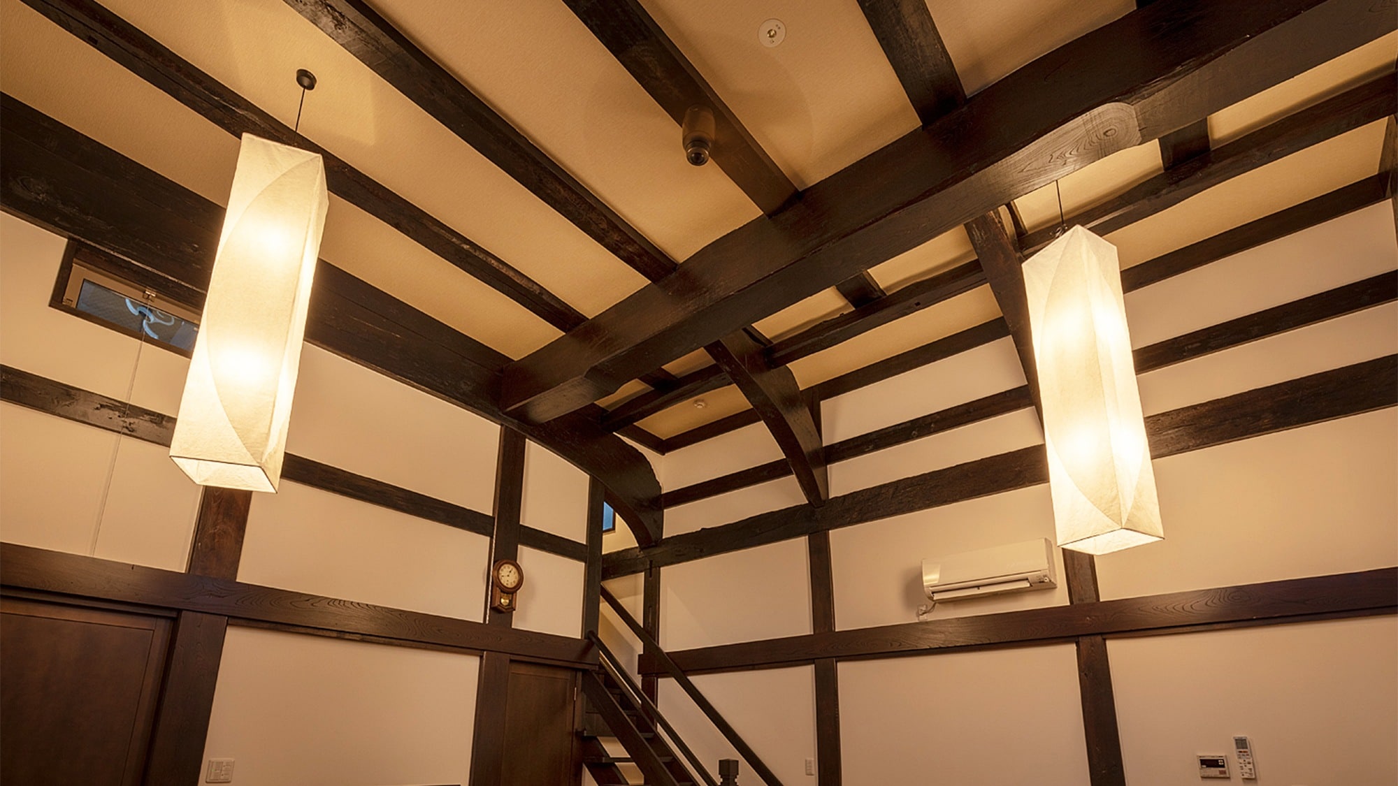 Warm lighting illuminates the room
