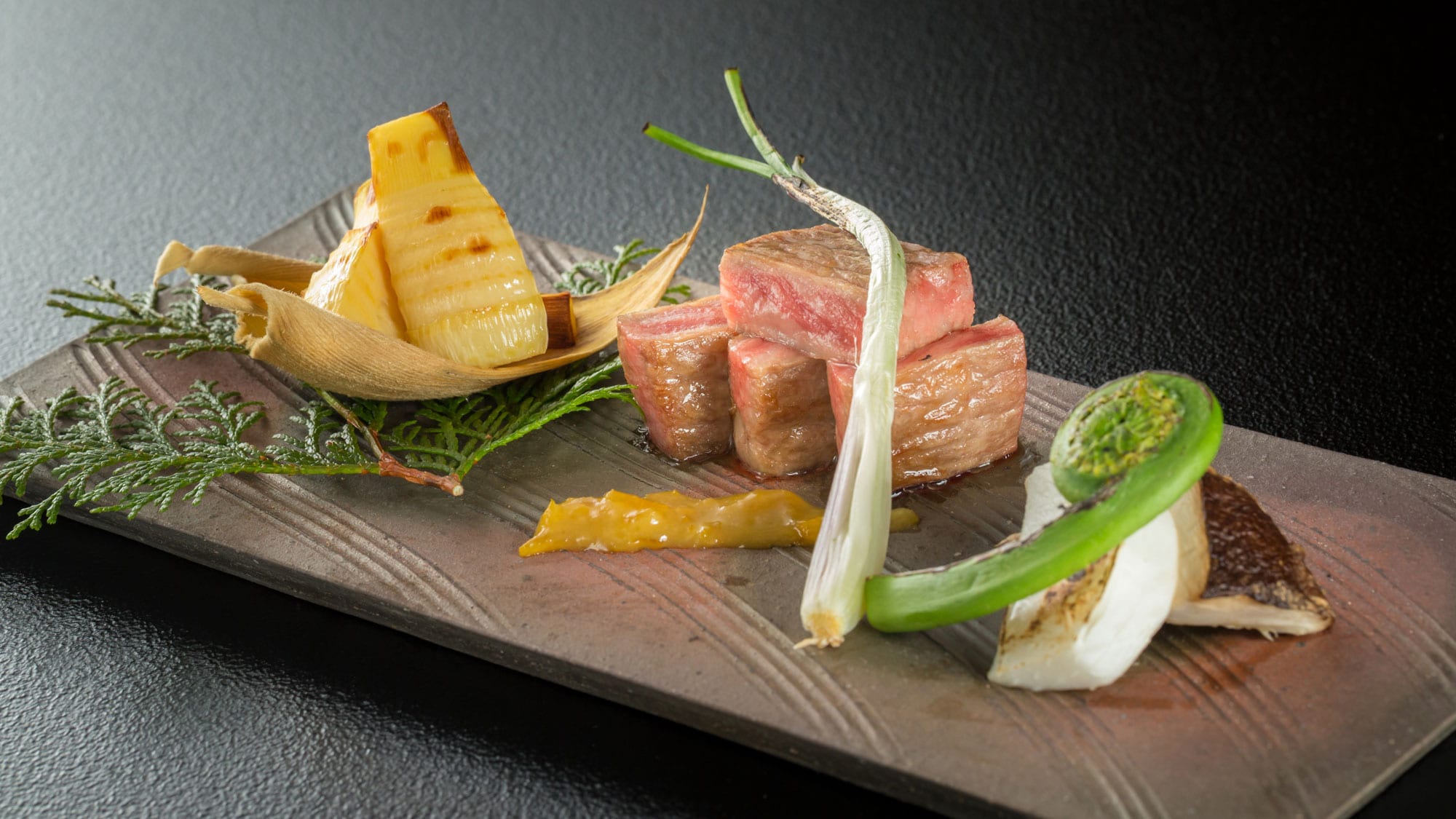 Example of dish: Grilled Noto beef and bamboo shoots
